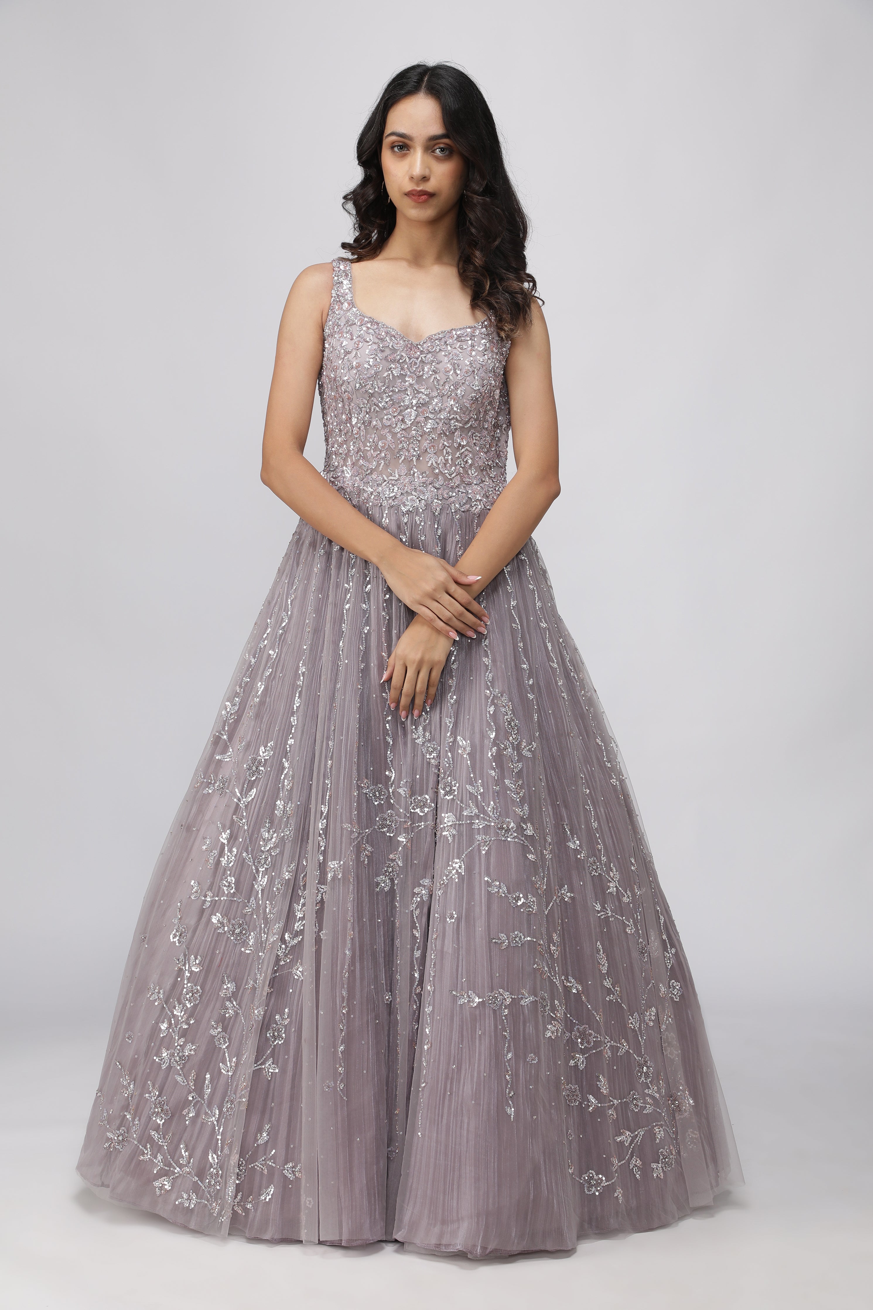 Lavender Net Gown with Pearl and Sequin Embroidery