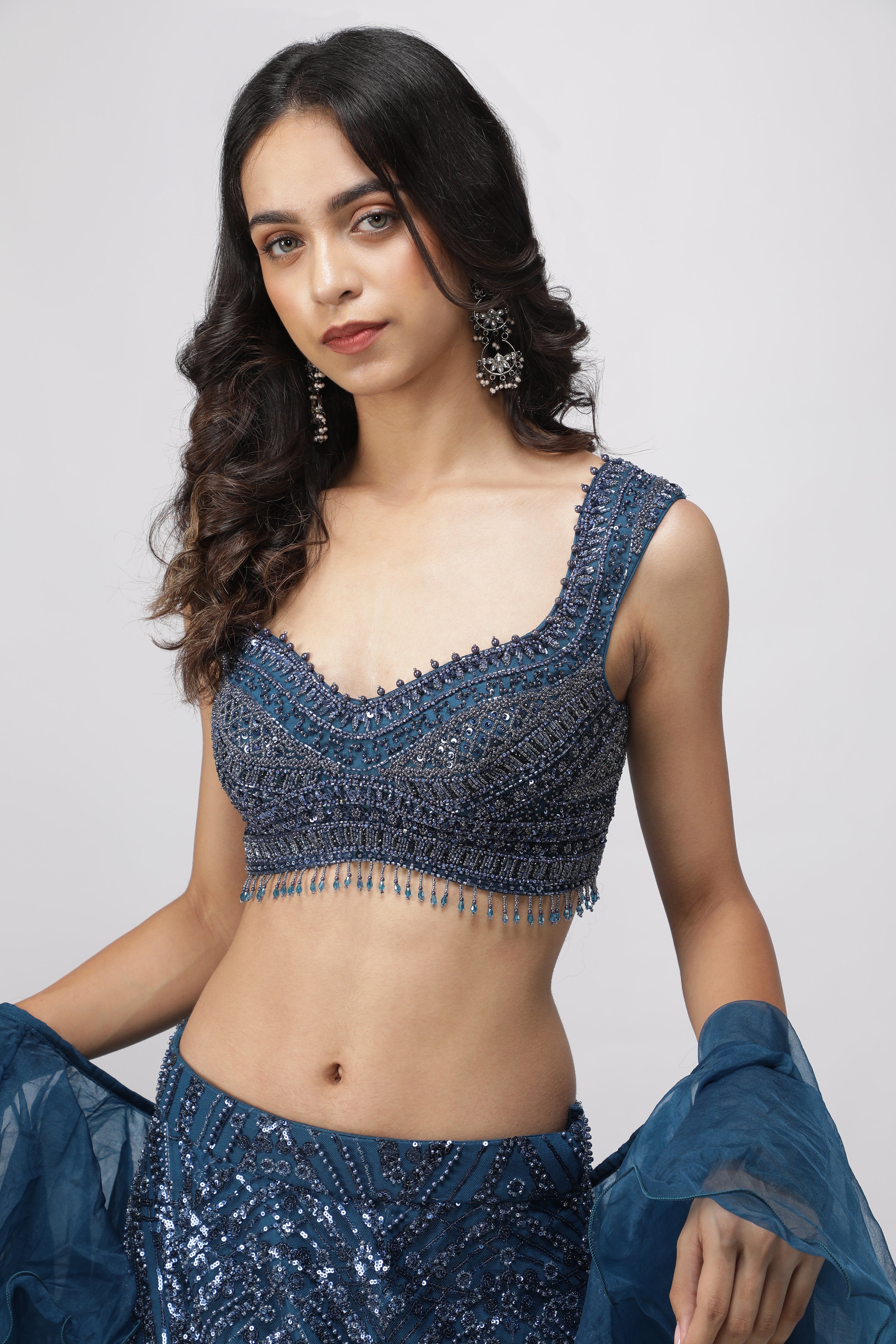 Electric Blue Net Mermaid Cut Lehenga Set