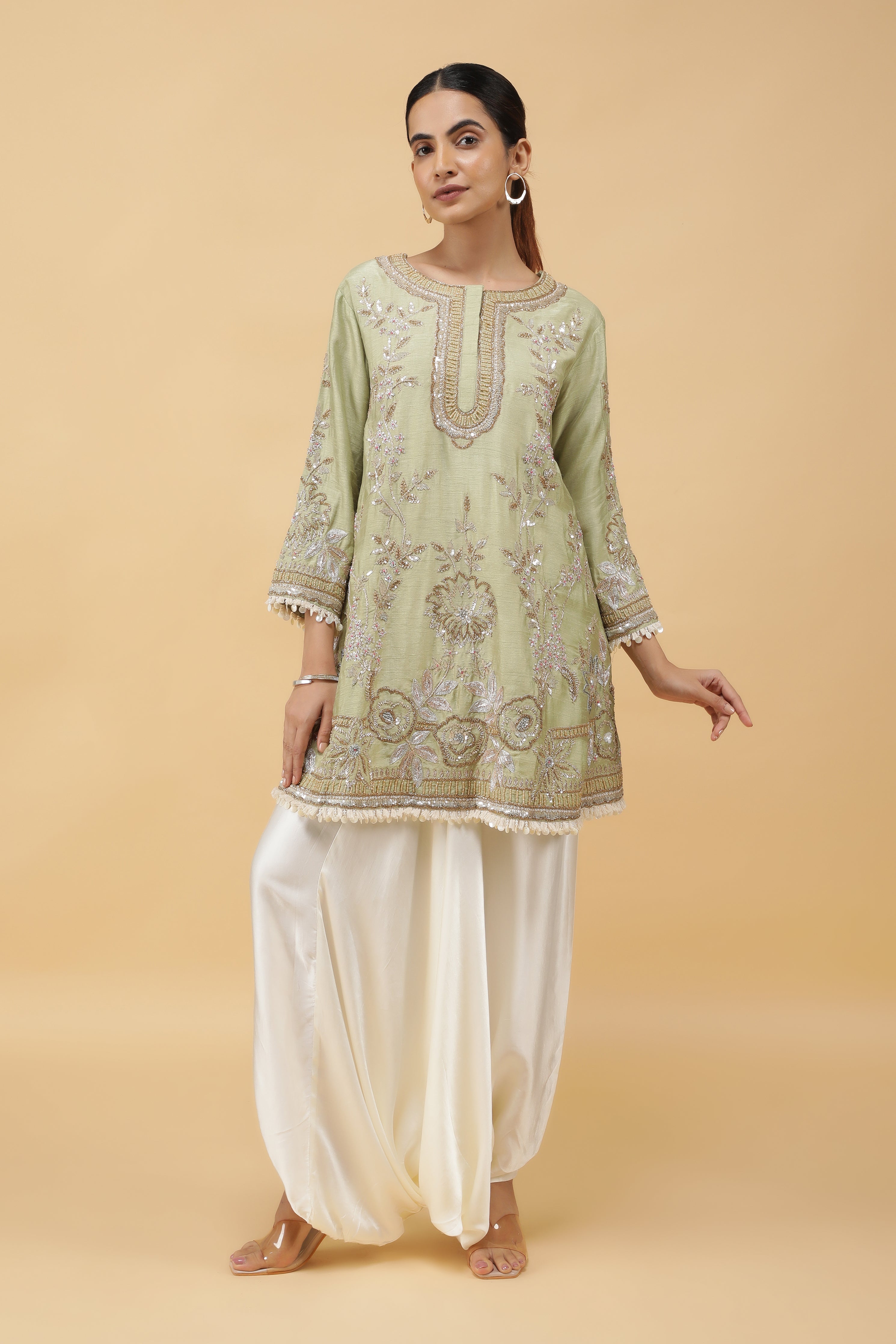 Pastel Green Silk Kurta Set with Ivory Dhoti Pants