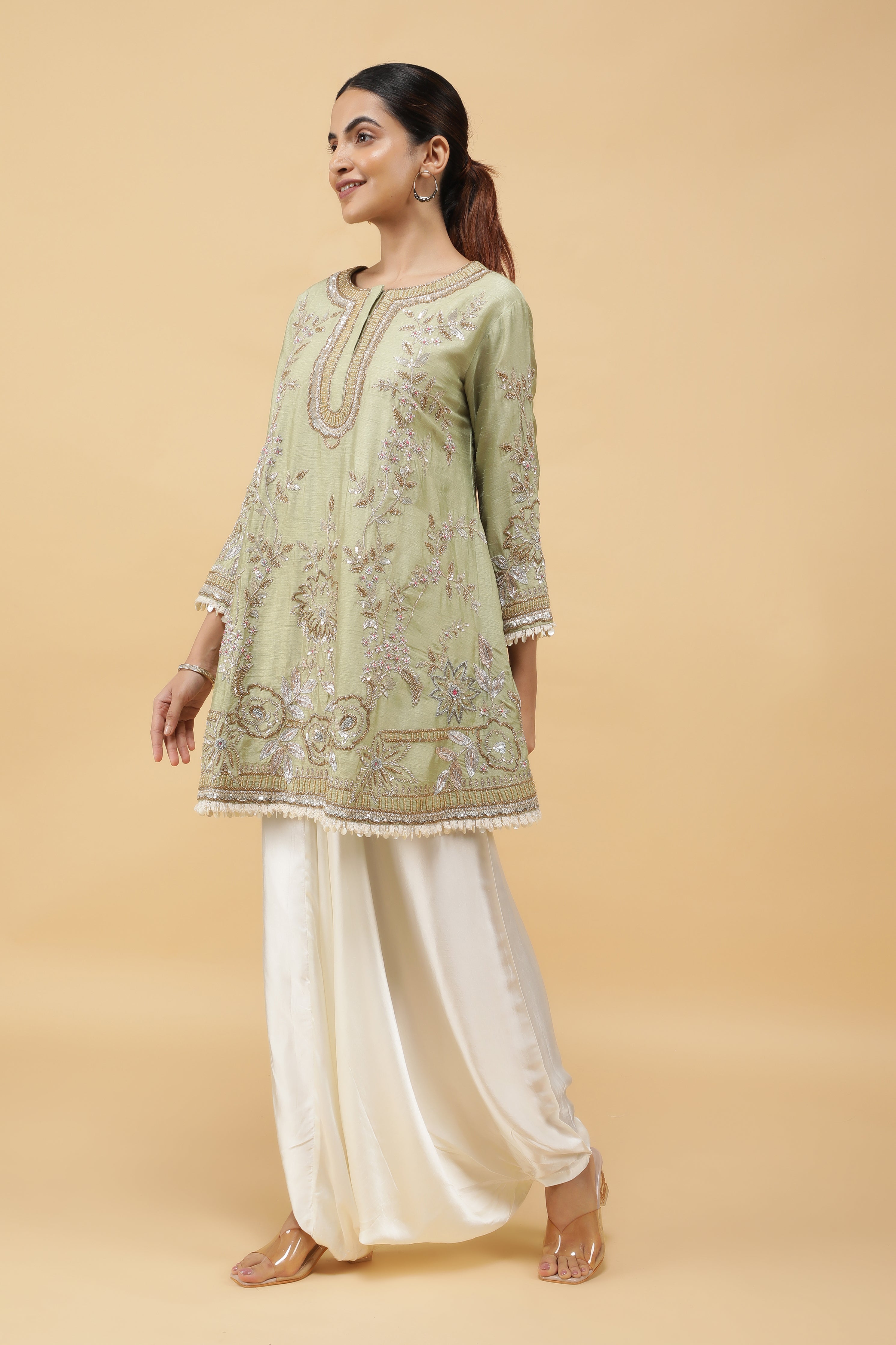 Pastel Green Silk Kurta Set with Ivory Dhoti Pants