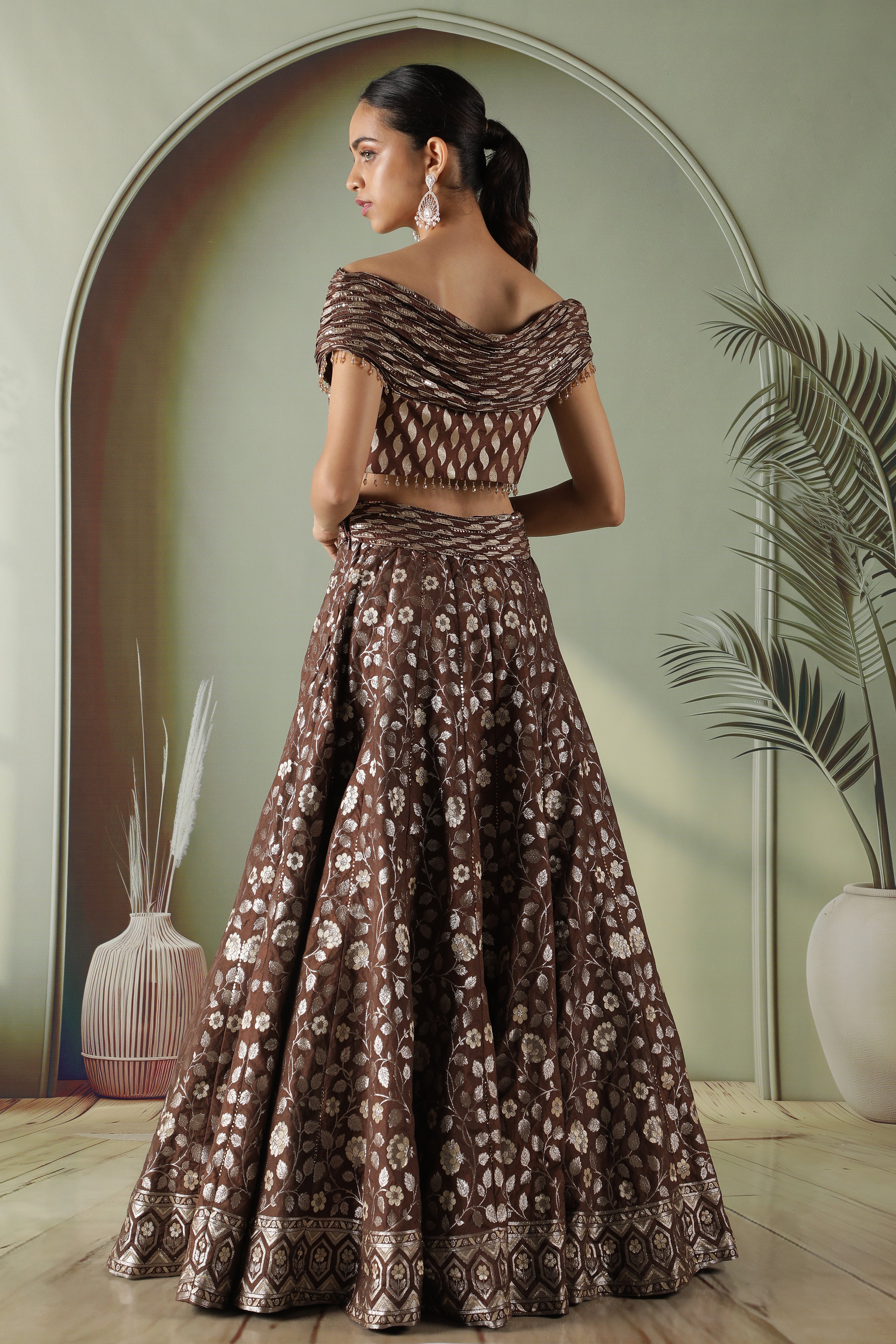 Coffee brown Banarasi silk lehenga set