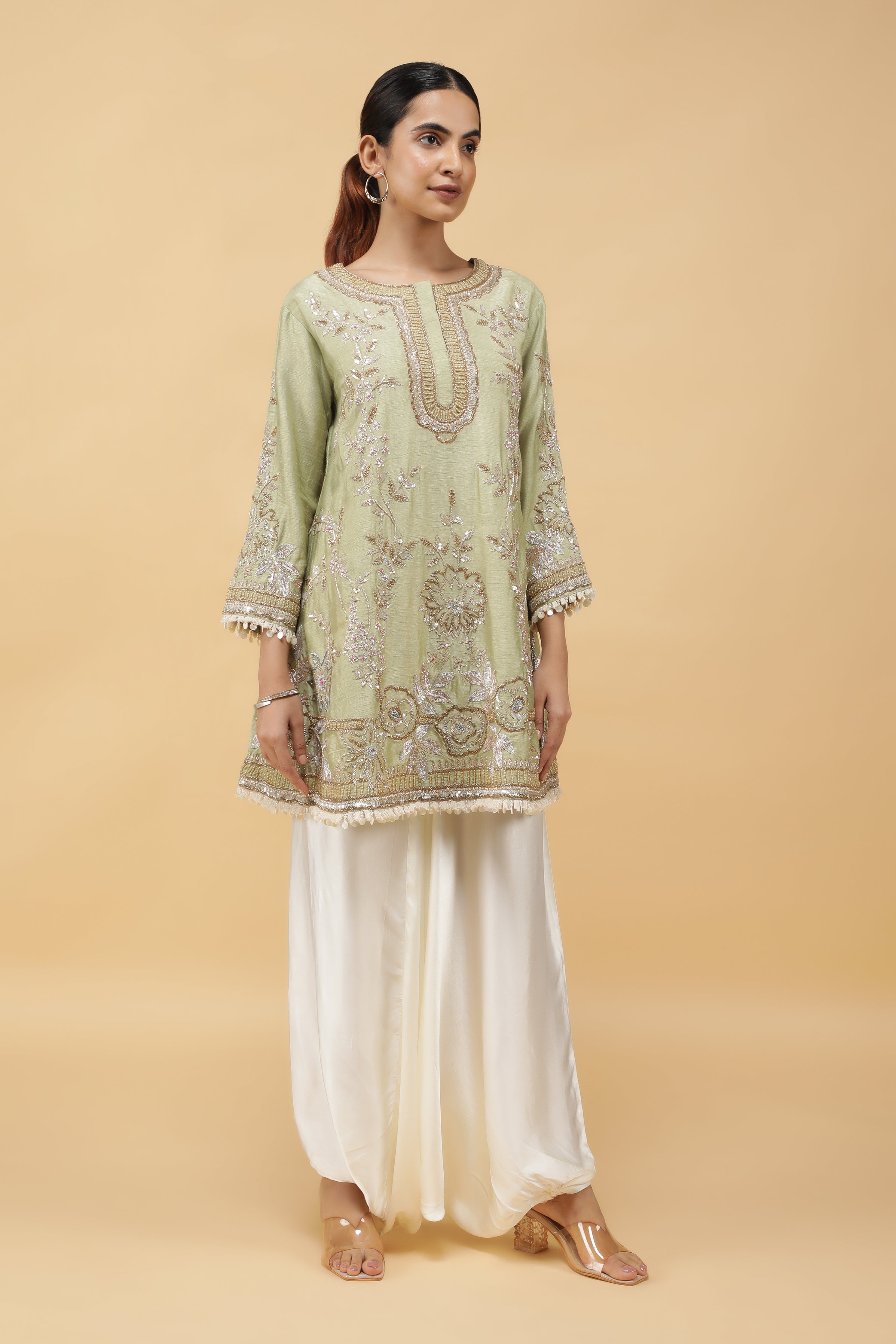 Pastel Green Silk Kurta Set with Ivory Dhoti Pants