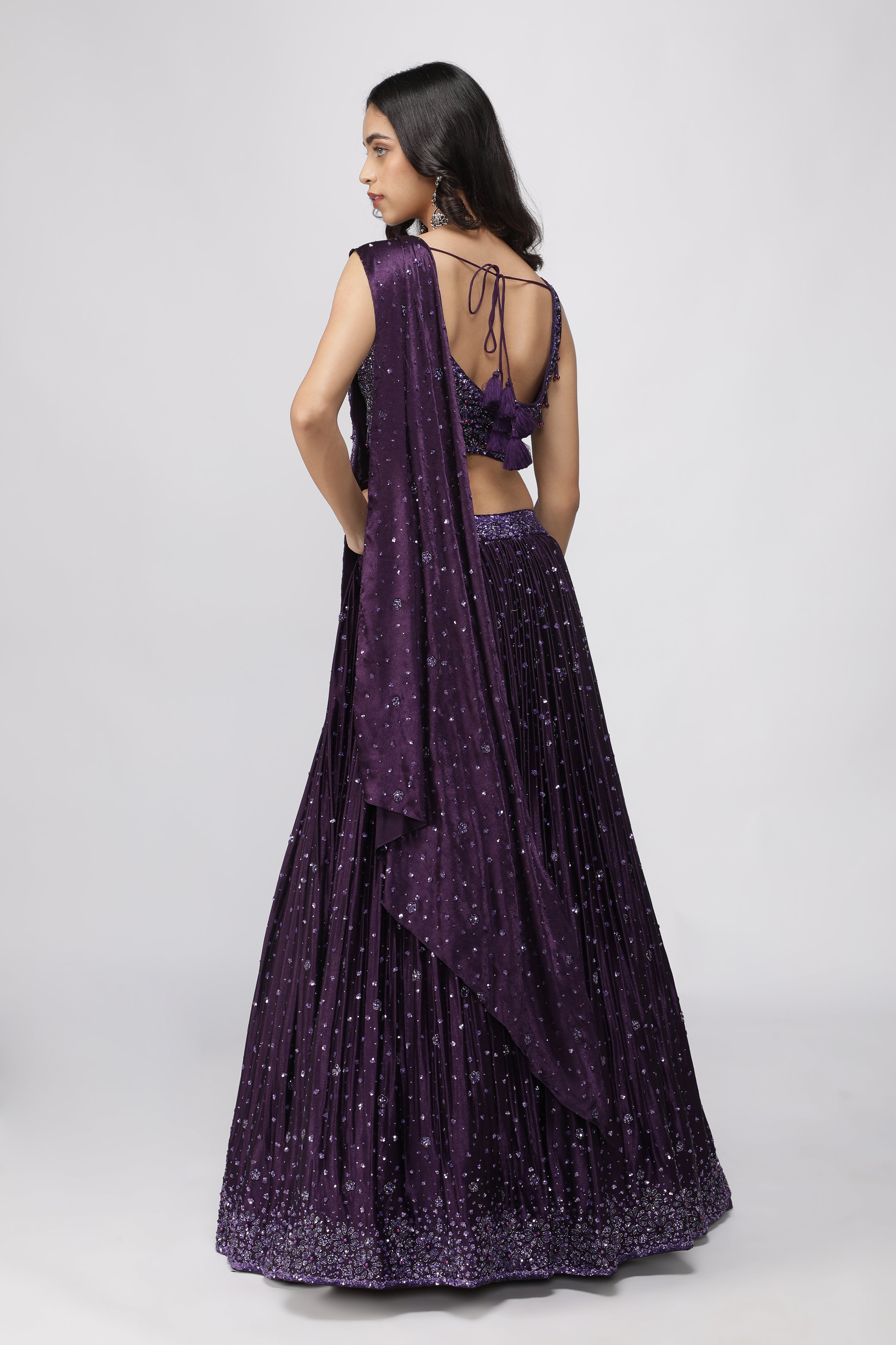 Wine Silk Drape Lehenga Set
