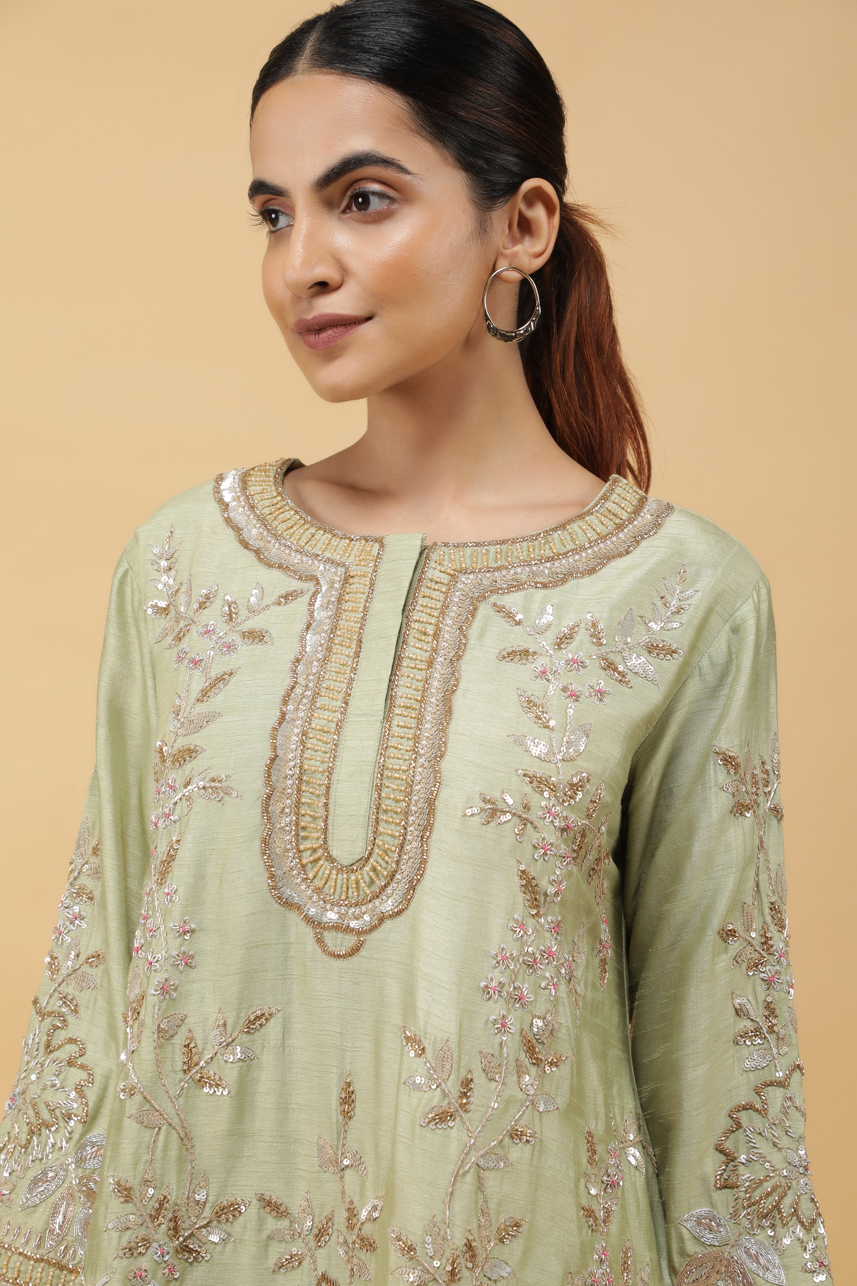 Pastel Green Silk Kurta Set with Ivory Dhoti Pants
