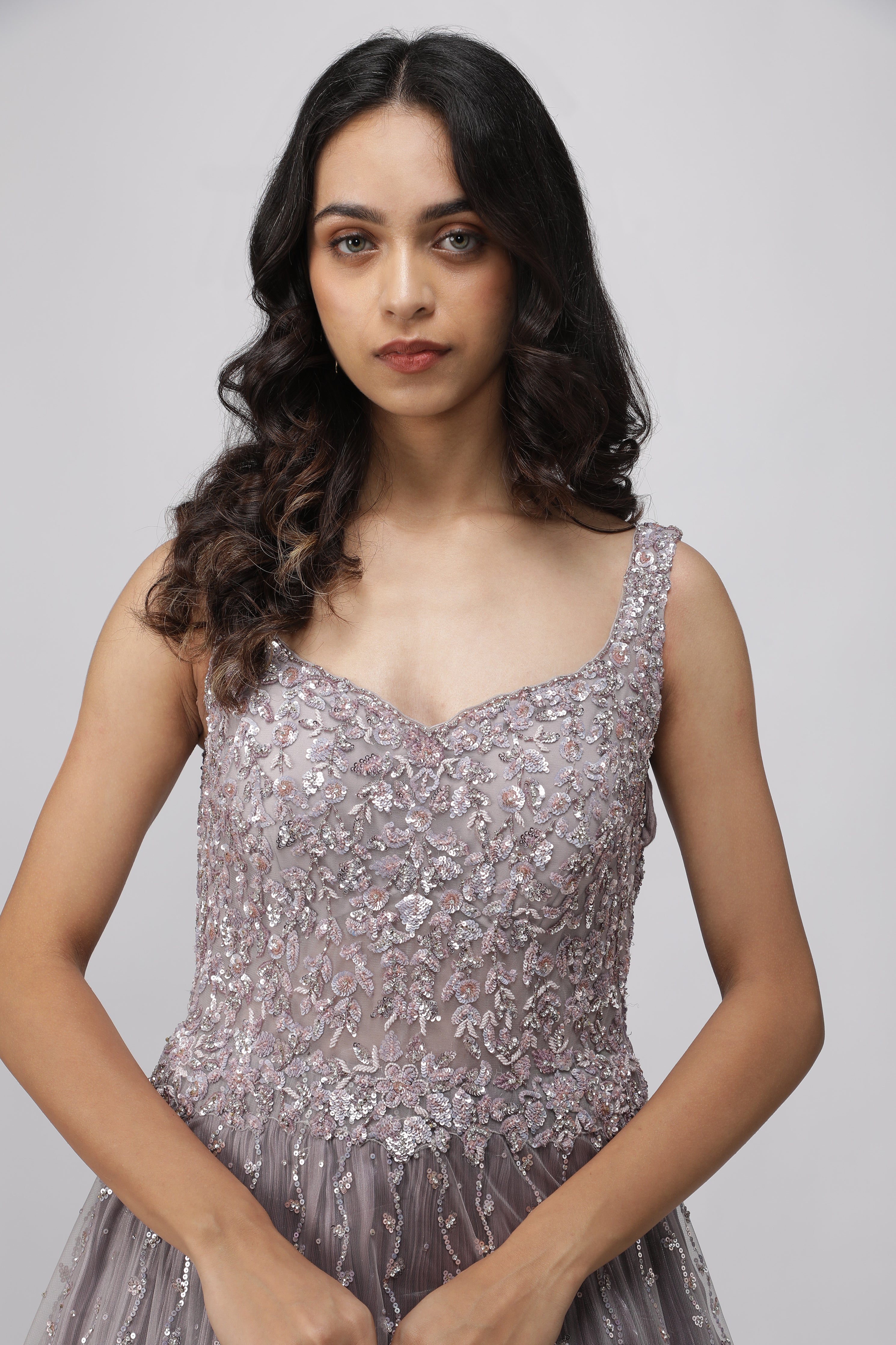 Lavender Net Gown with Pearl and Sequin Embroidery