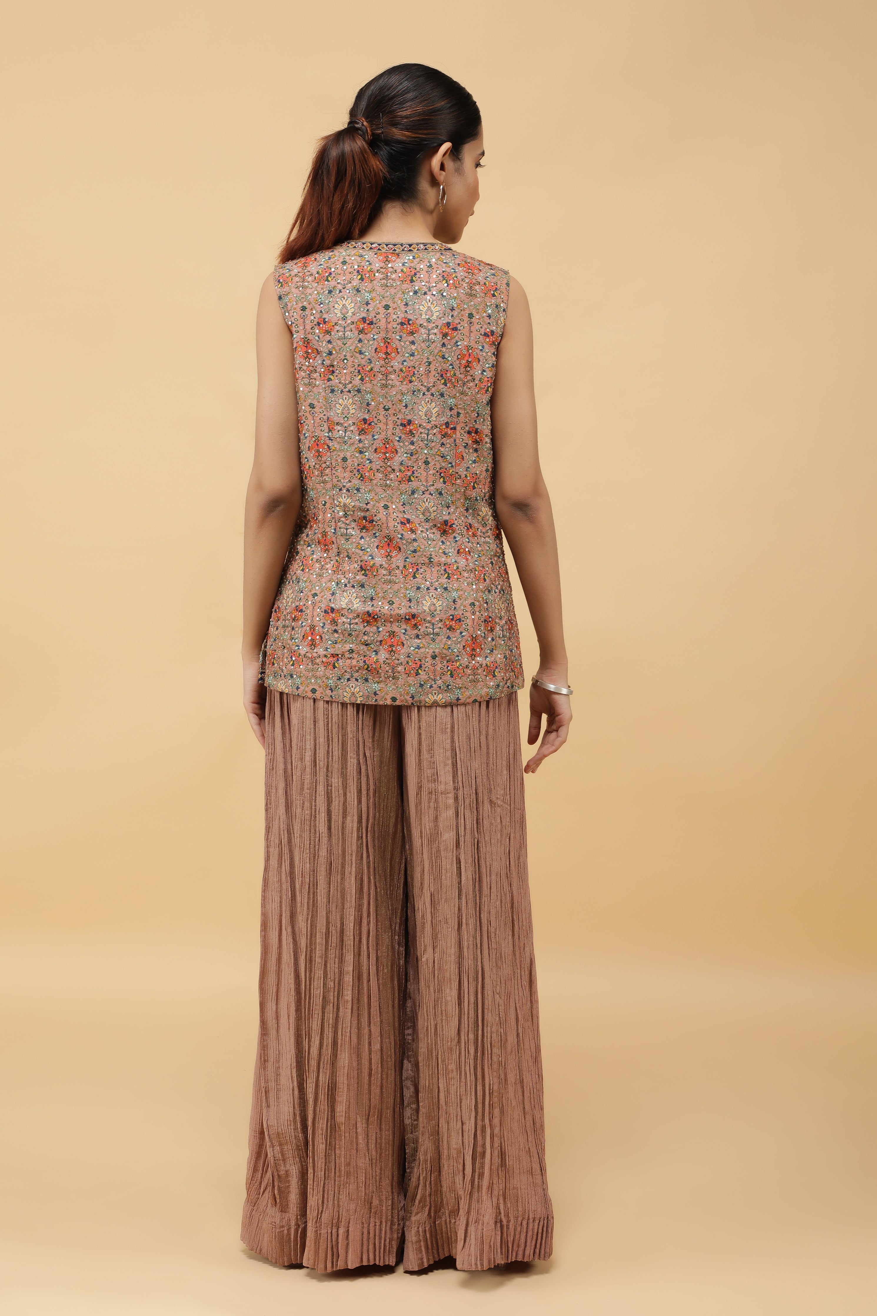 Dusty Rose Tissue Silk Printed Top with Zari & Pearl Highlights and Palazzo