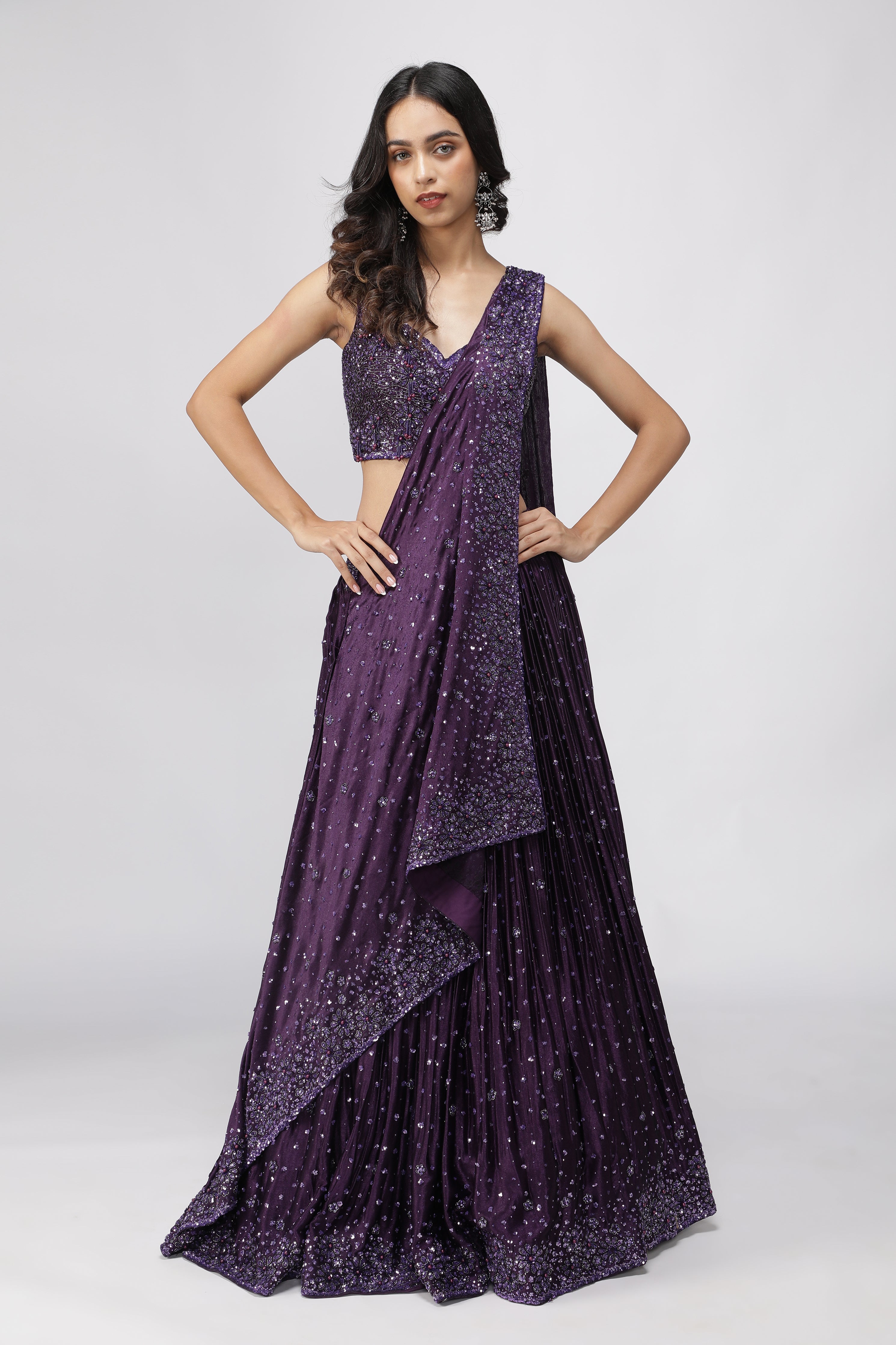 Wine Silk Drape Lehenga Set