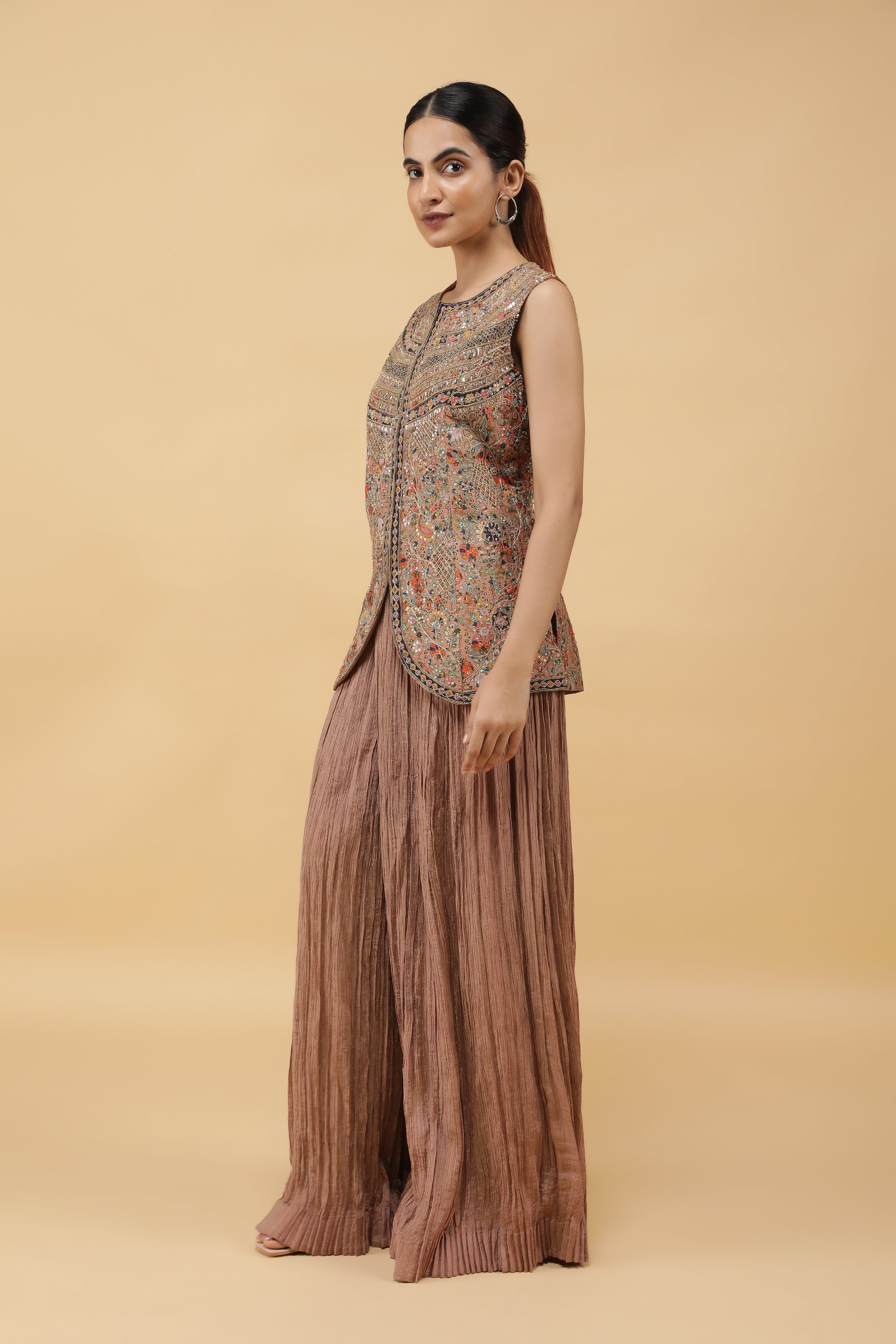 Dusty Rose Tissue Silk Printed Top with Zari & Pearl Highlights and Palazzo
