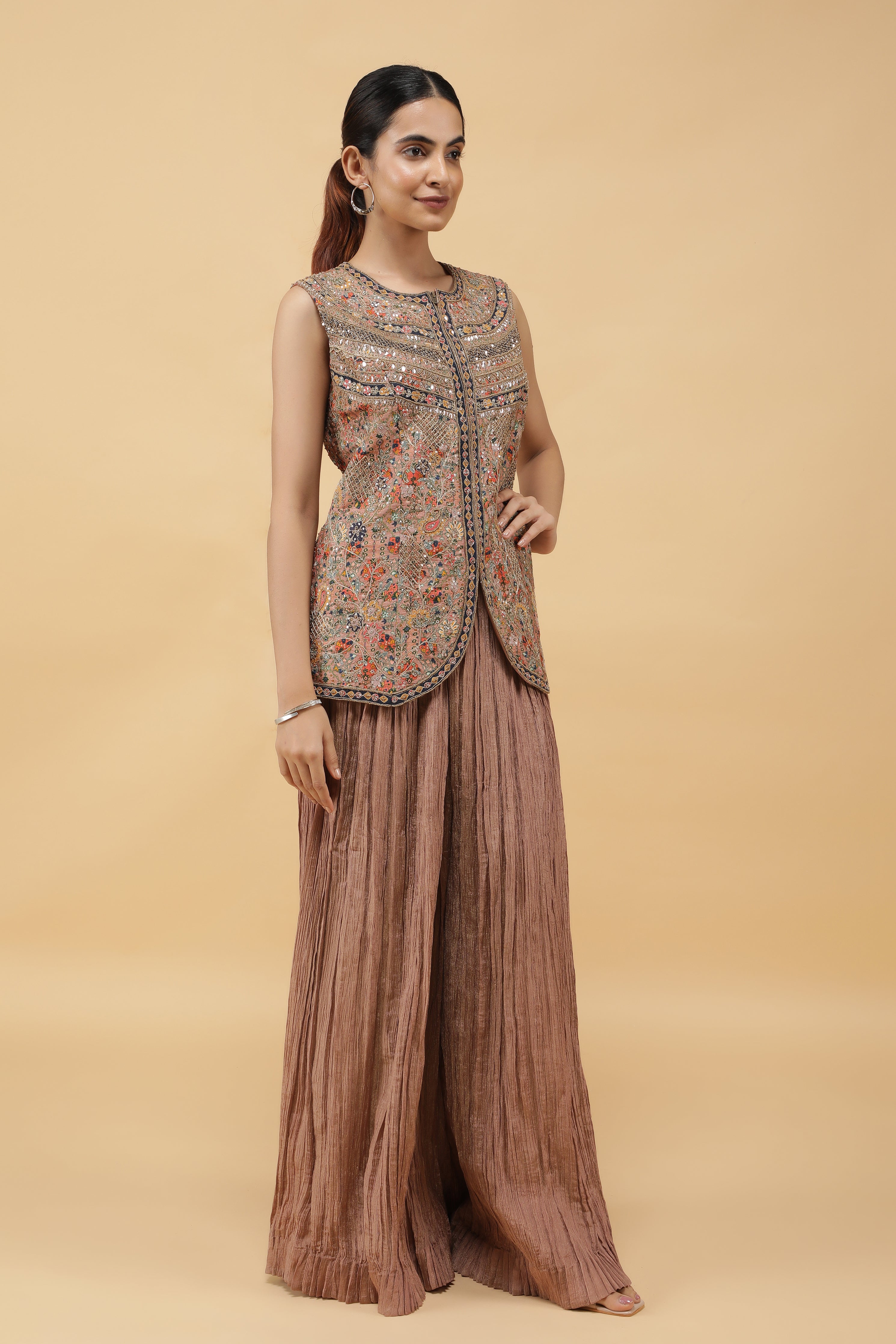 Dusty Rose Tissue Silk Printed Top with Zari & Pearl Highlights and Palazzo