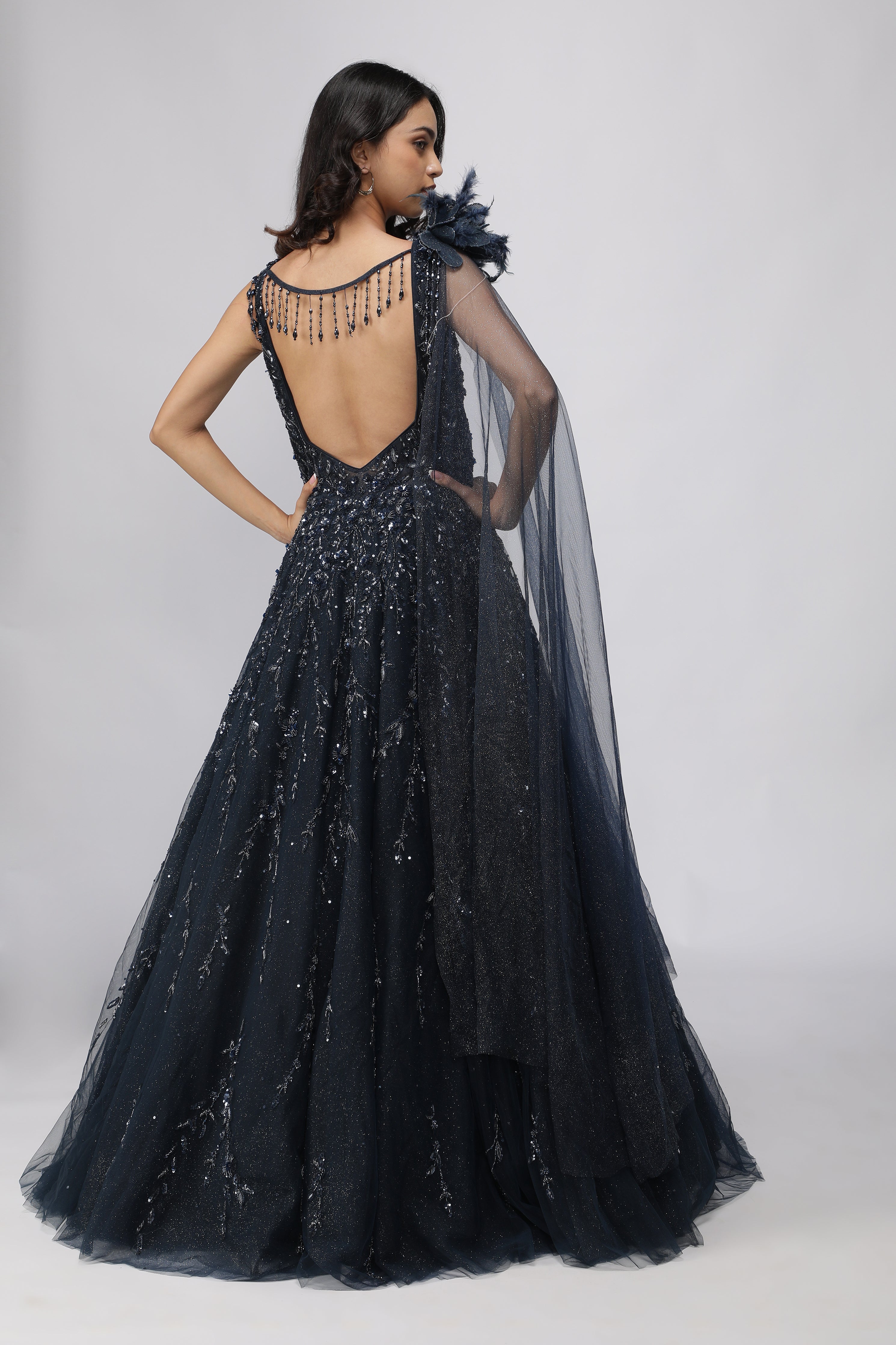 Navy Blue Net Gown with Sequin, Cutdana & Pearl Embellishments