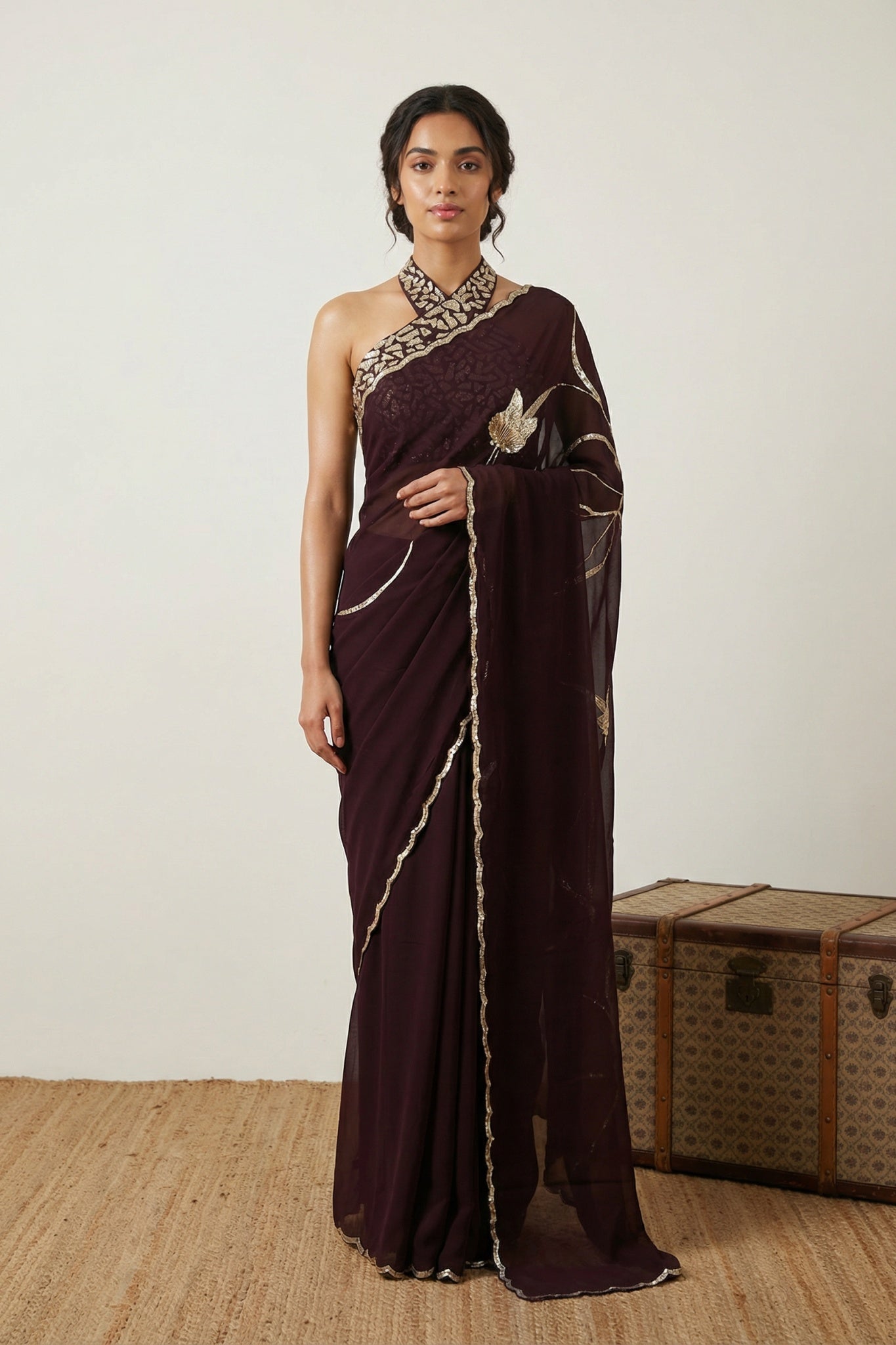 Coffee Brown Georgette Saree with Sequin Border