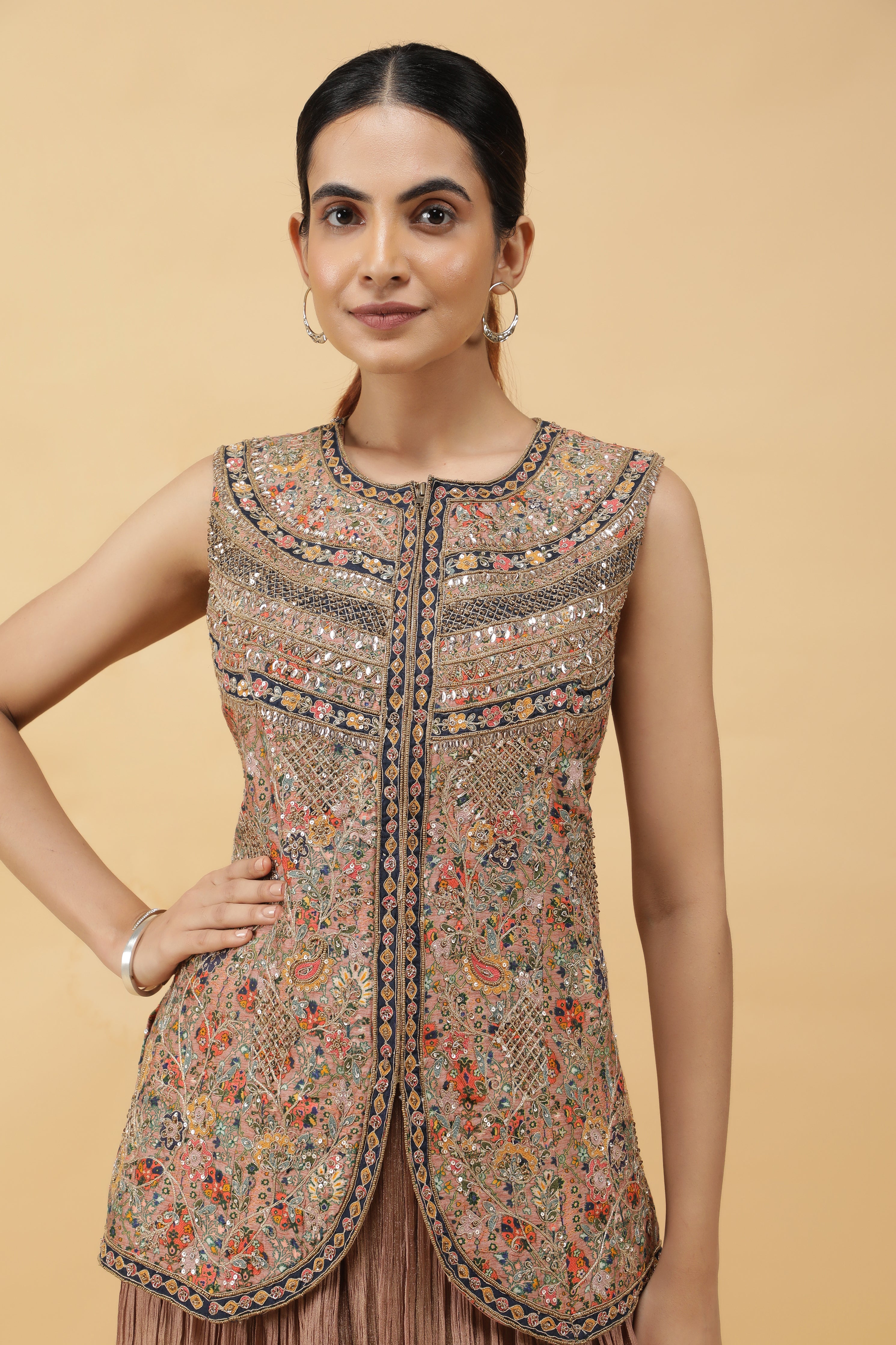 Dusty Rose Tissue Silk Printed Top with Zari & Pearl Highlights and Palazzo