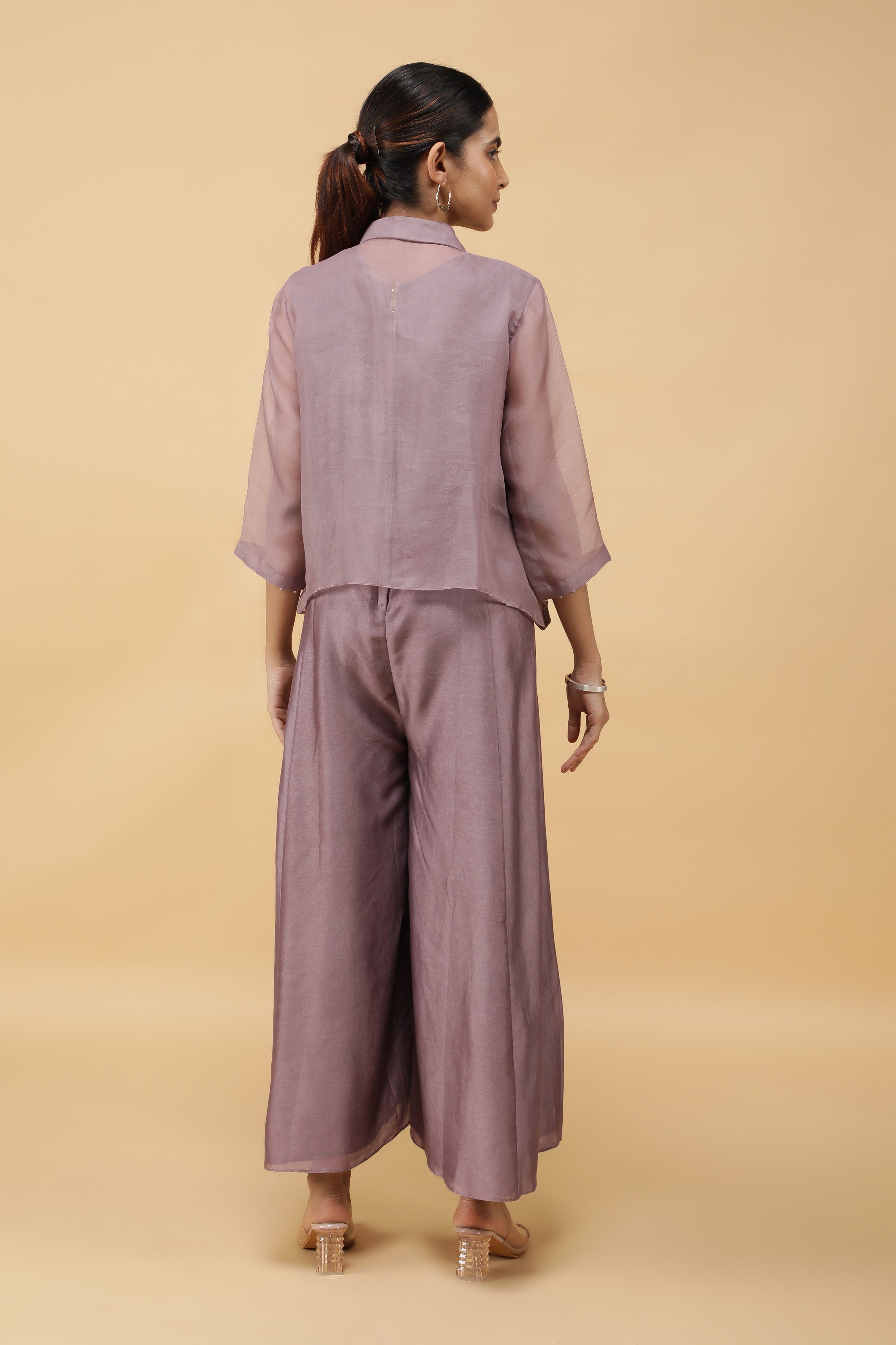Dusty Rose Silk Jumpsuit with Embroidered Organza Top