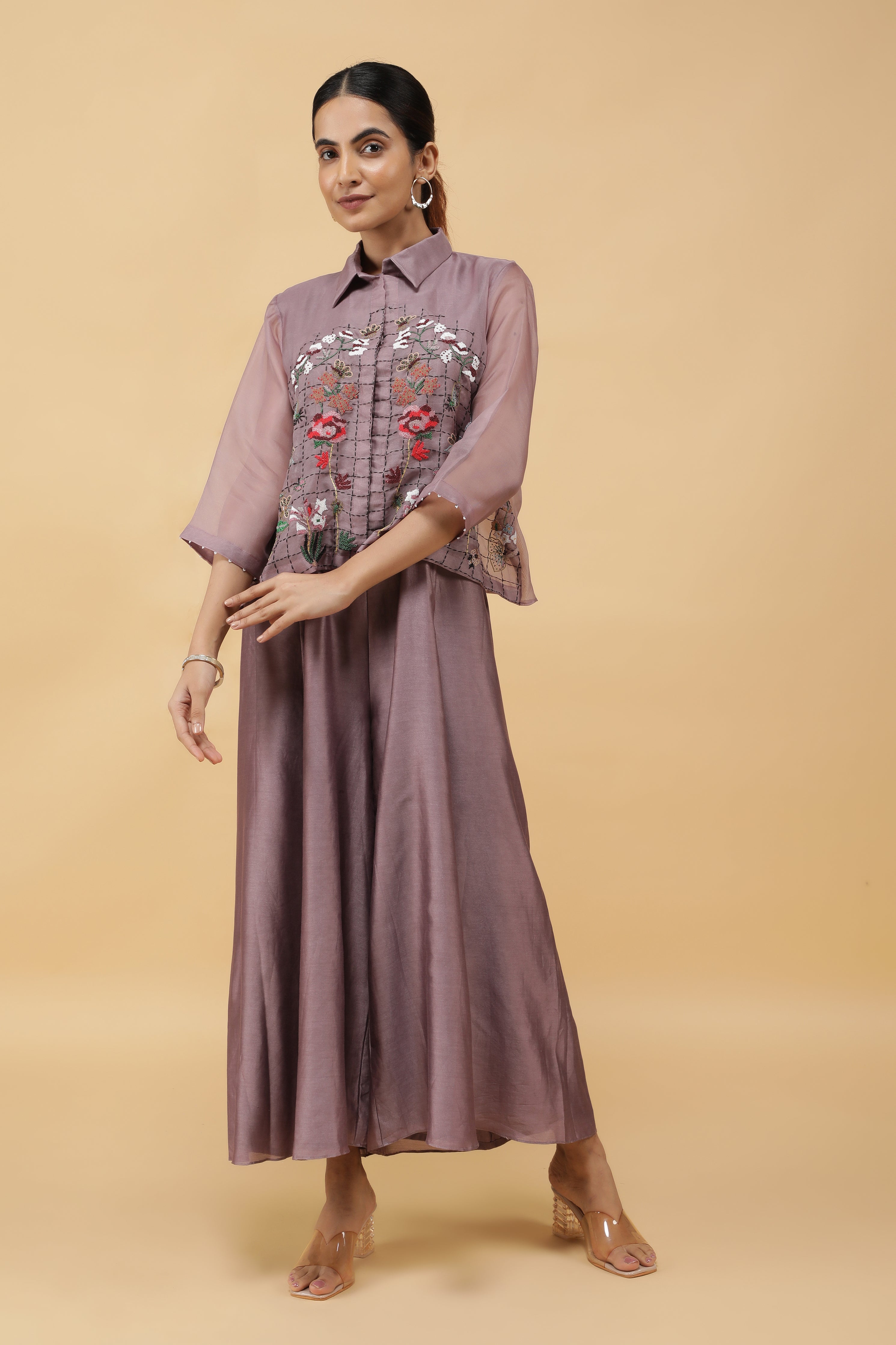 Dusty Rose Silk Jumpsuit with Embroidered Organza Top