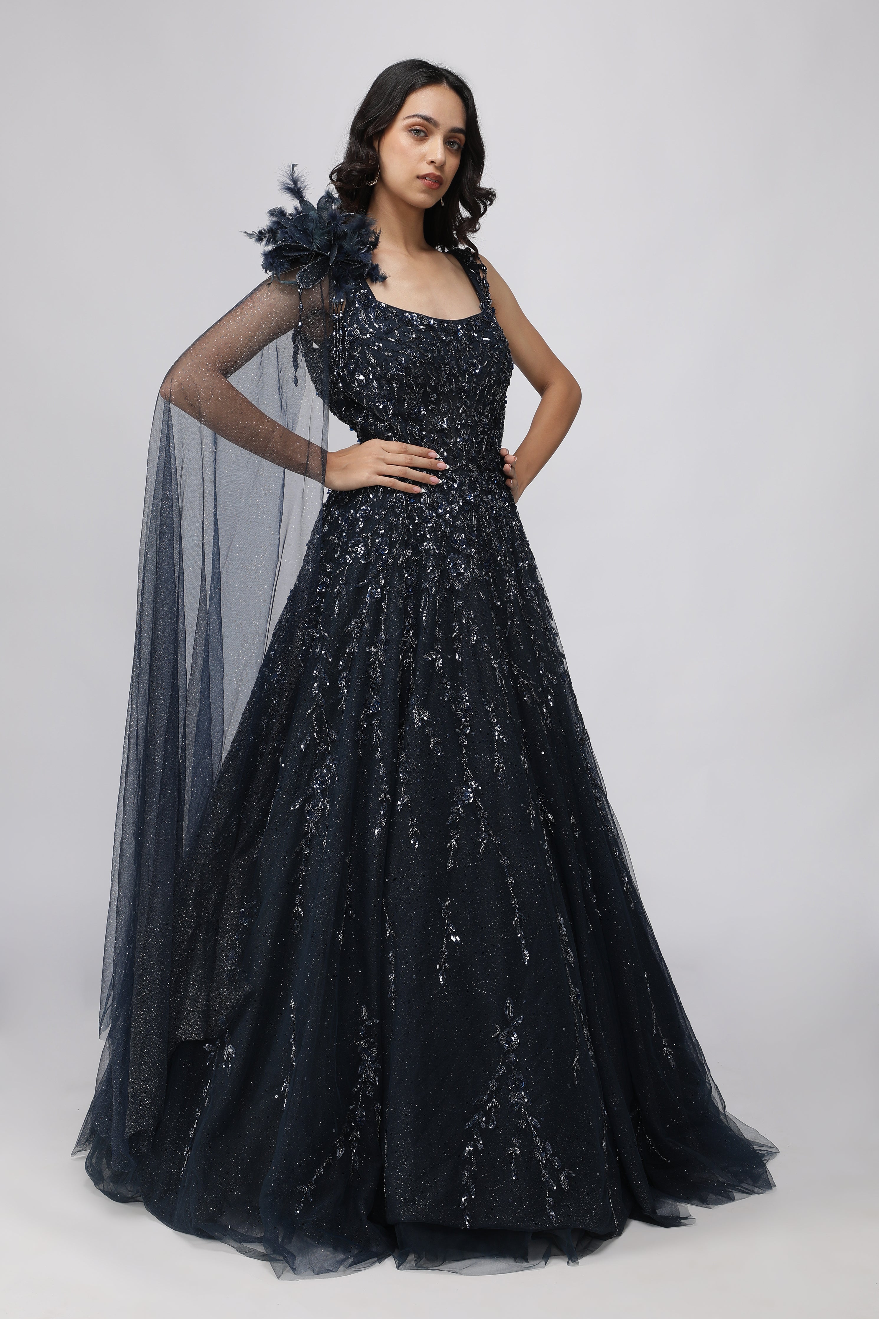 Navy Blue Net Gown with Sequin, Cutdana & Pearl Embellishments