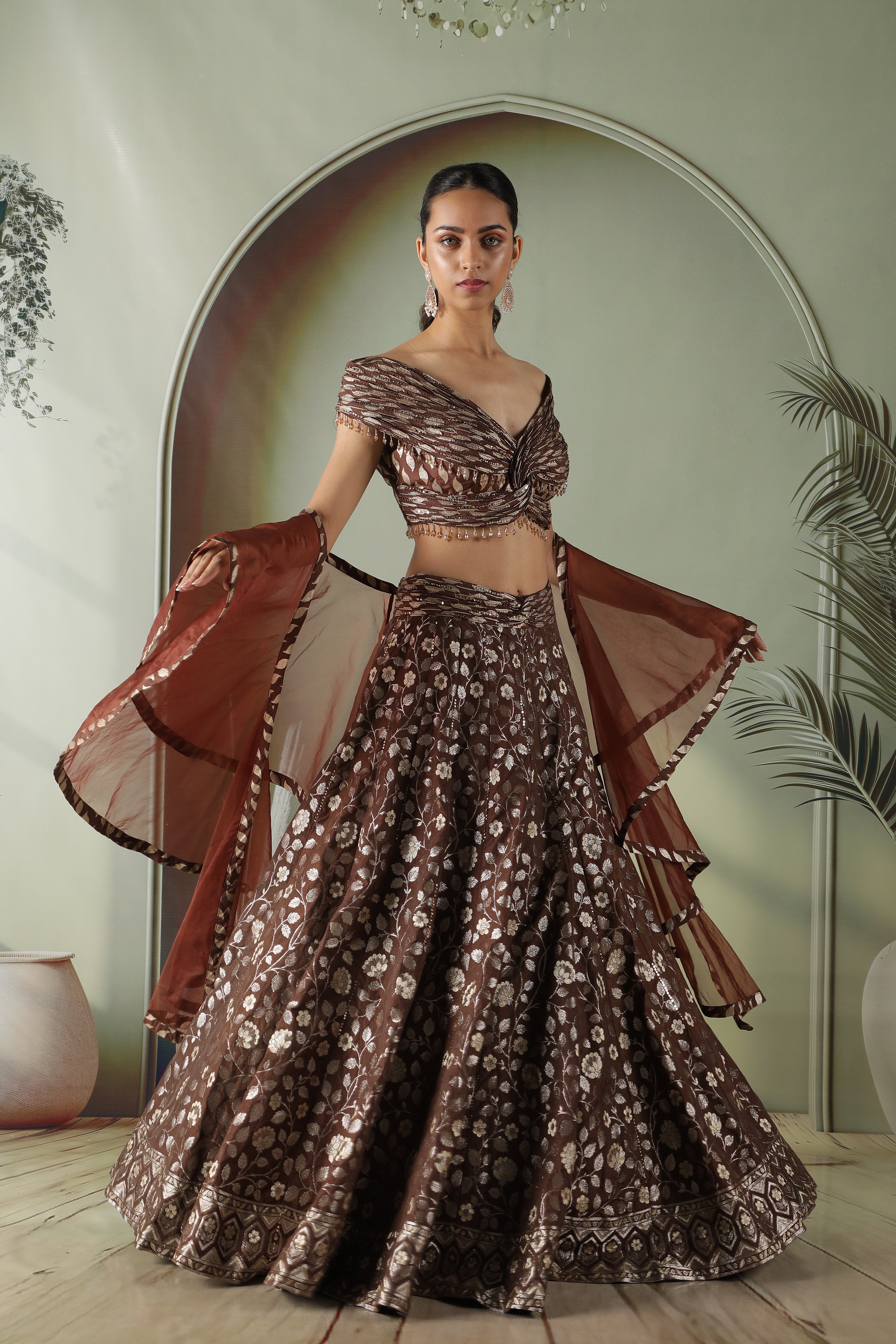 Coffee brown Banarasi silk lehenga set