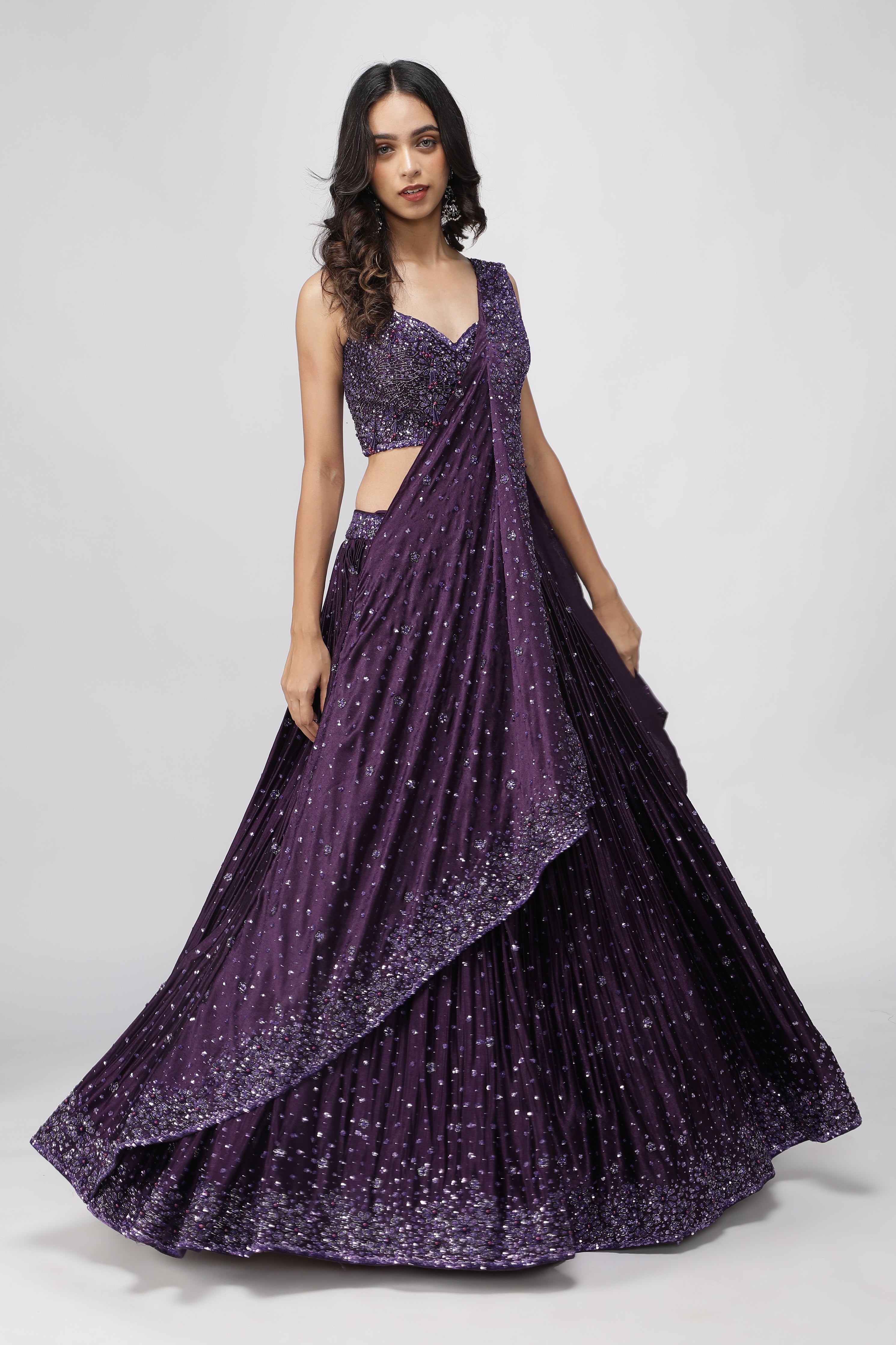 Wine Silk Drape Lehenga Set