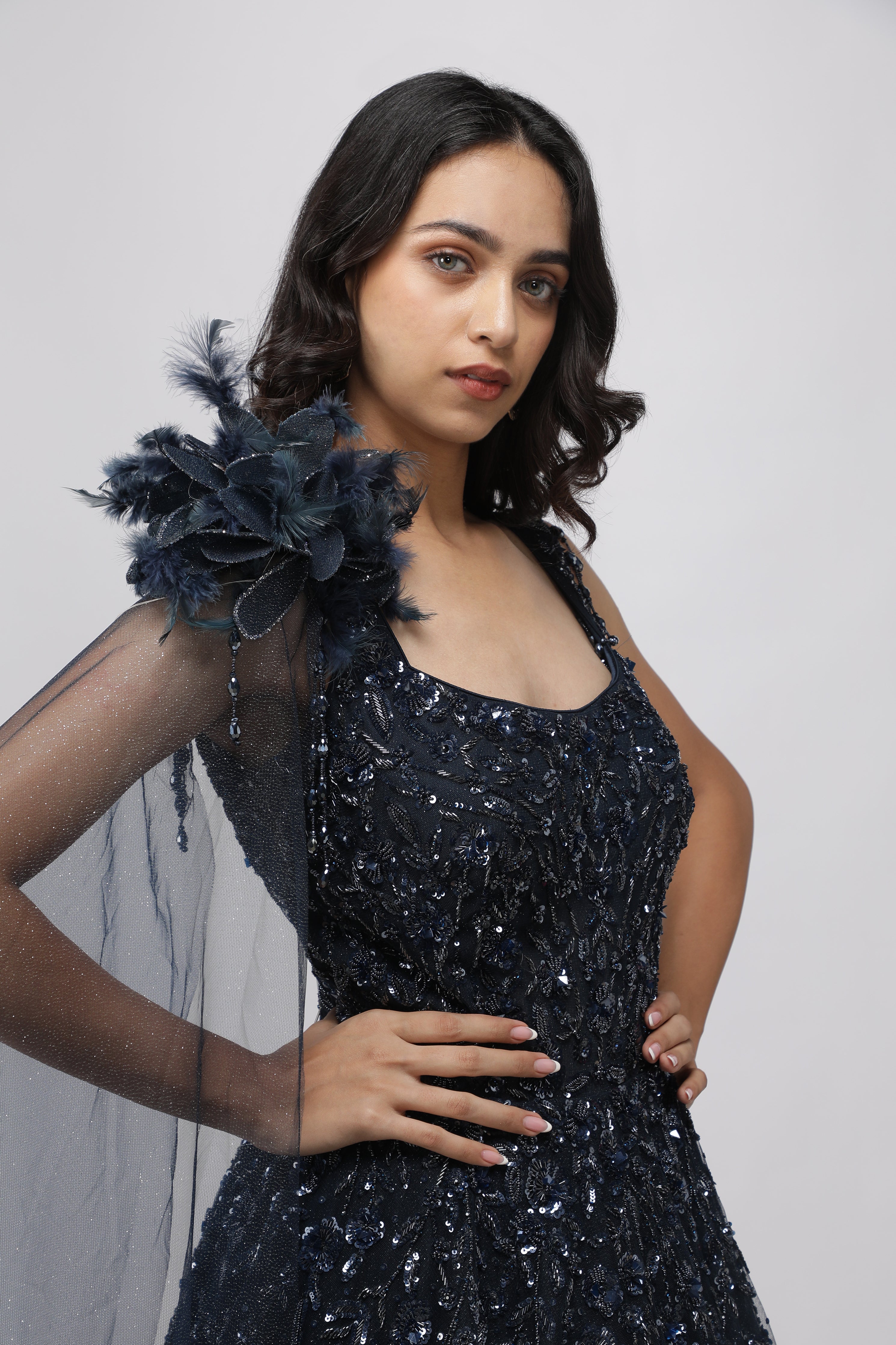 Navy Blue Net Gown with Sequin, Cutdana & Pearl Embellishments