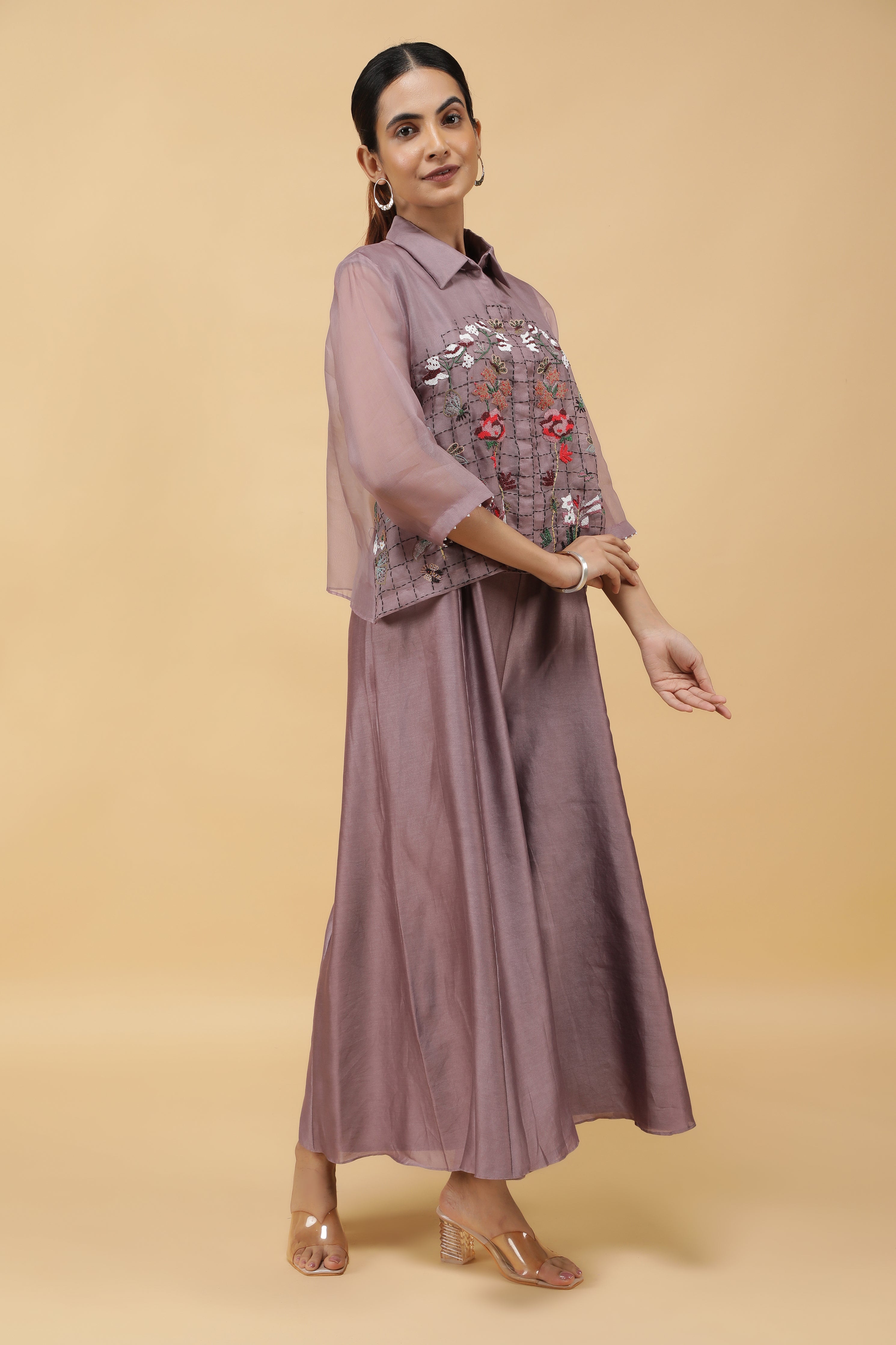 Dusty Rose Silk Jumpsuit with Embroidered Organza Top