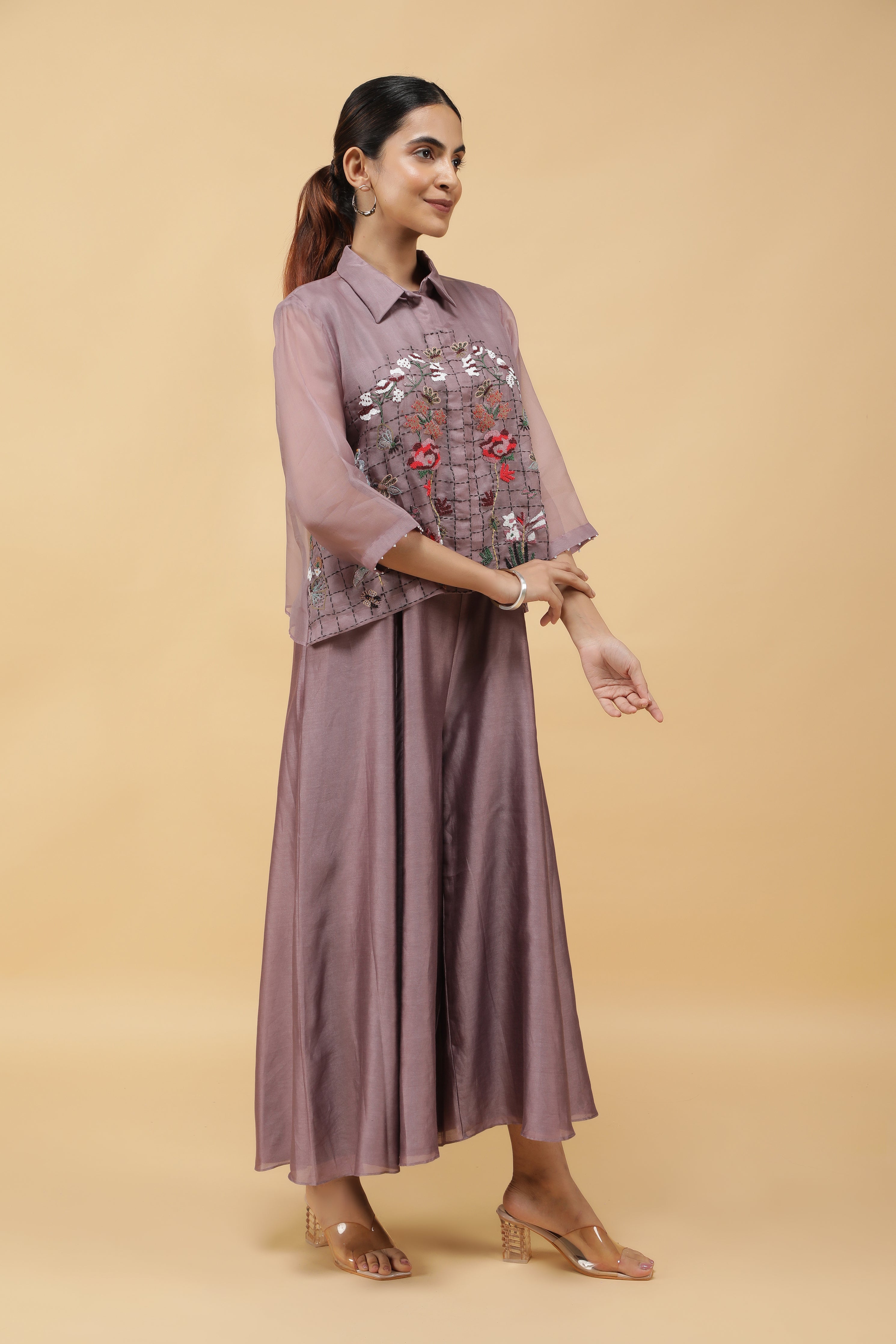 Dusty Rose Silk Jumpsuit with Embroidered Organza Top