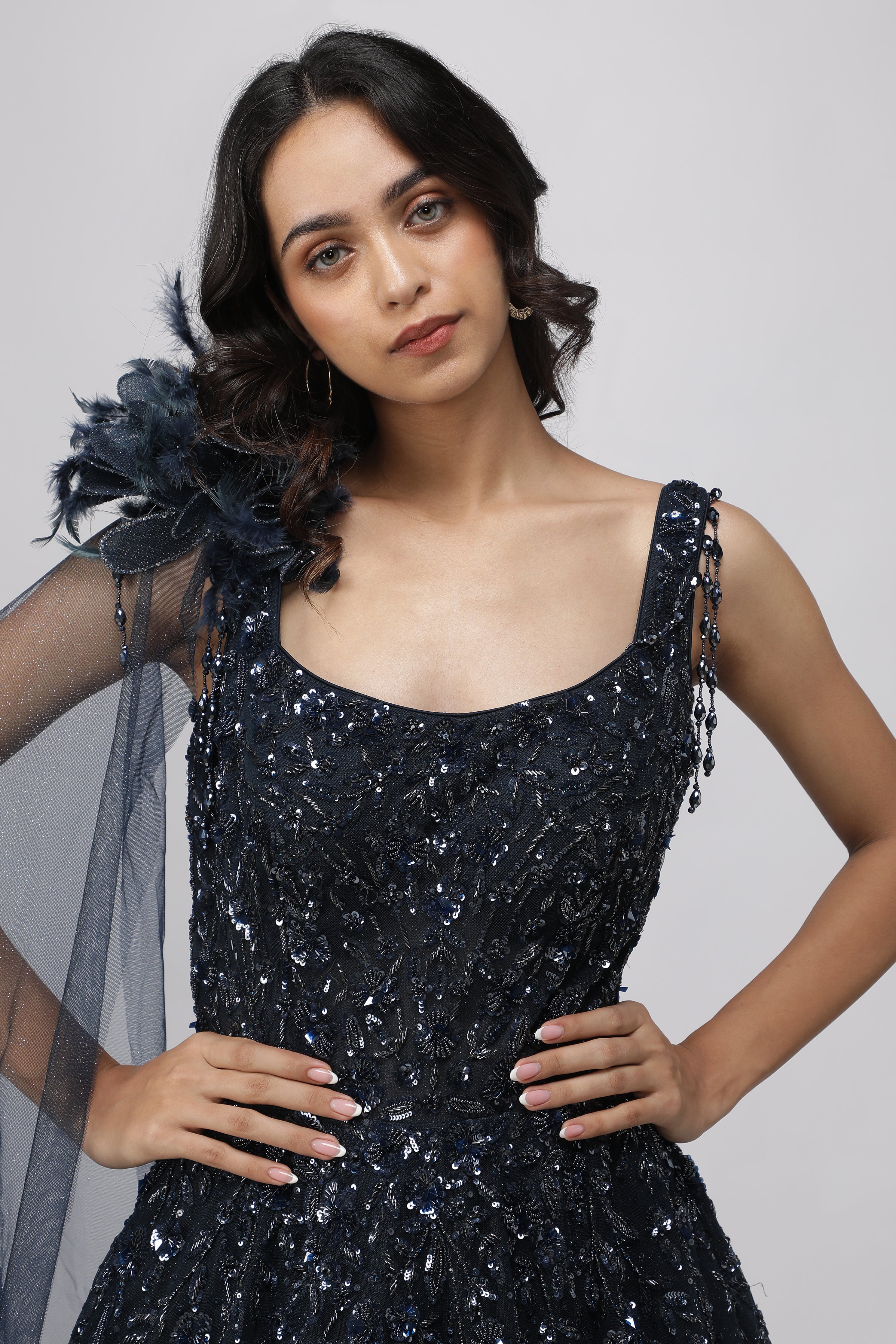 Navy Blue Net Gown with Sequin, Cutdana & Pearl Embellishments