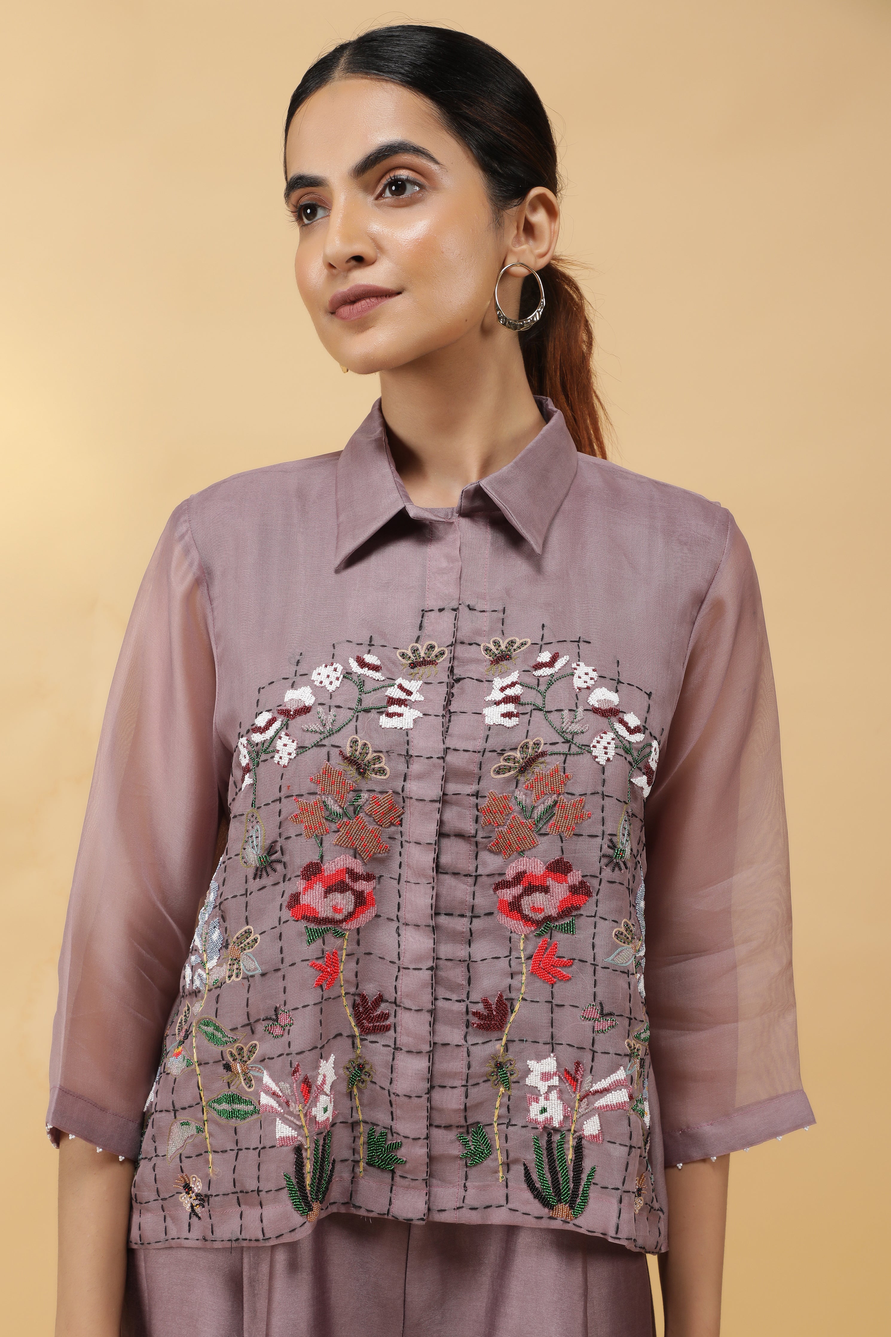 Dusty Rose Silk Jumpsuit with Embroidered Organza Top