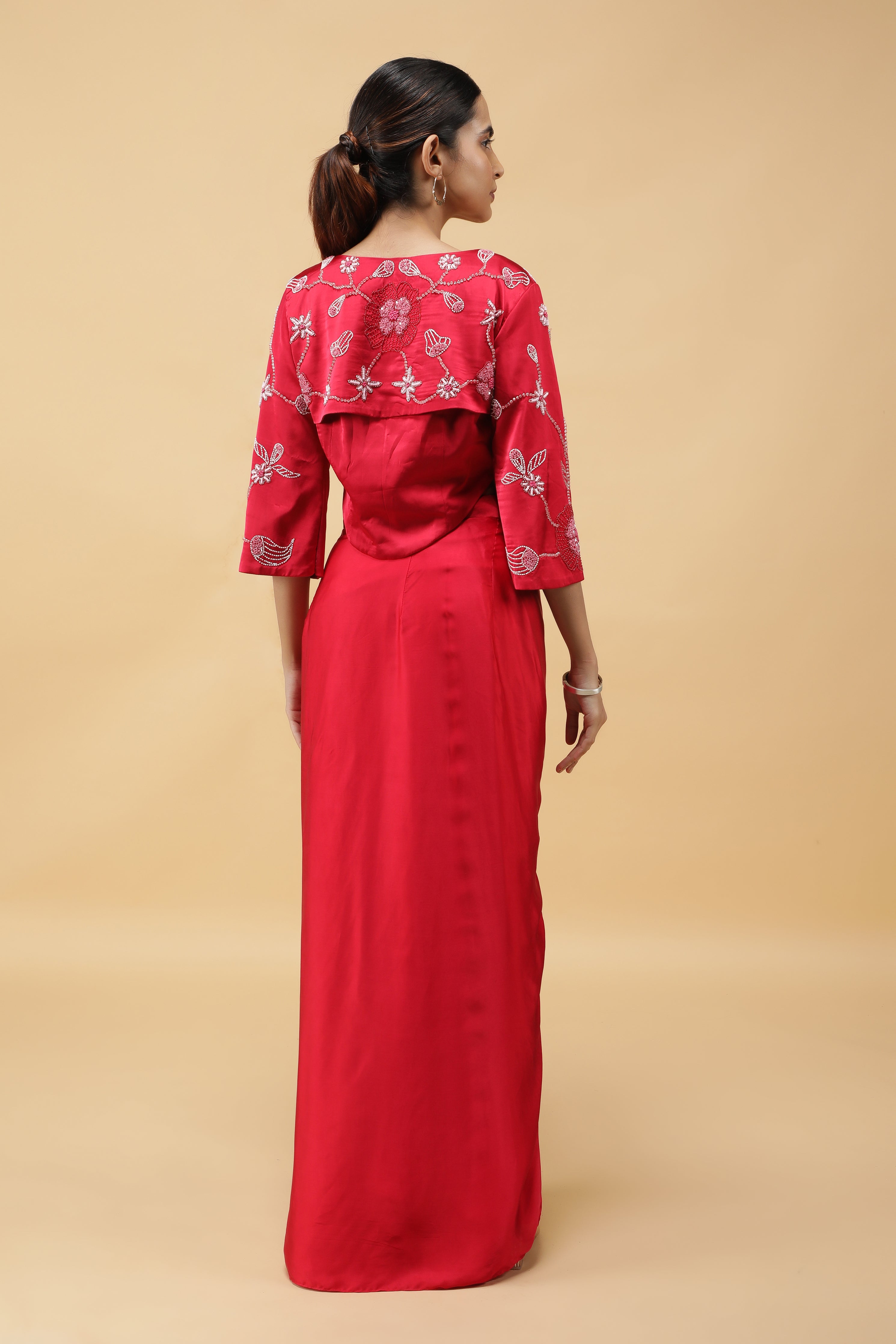 Red Satin Corset Top with Embroidered Jacket and Draped Skirt