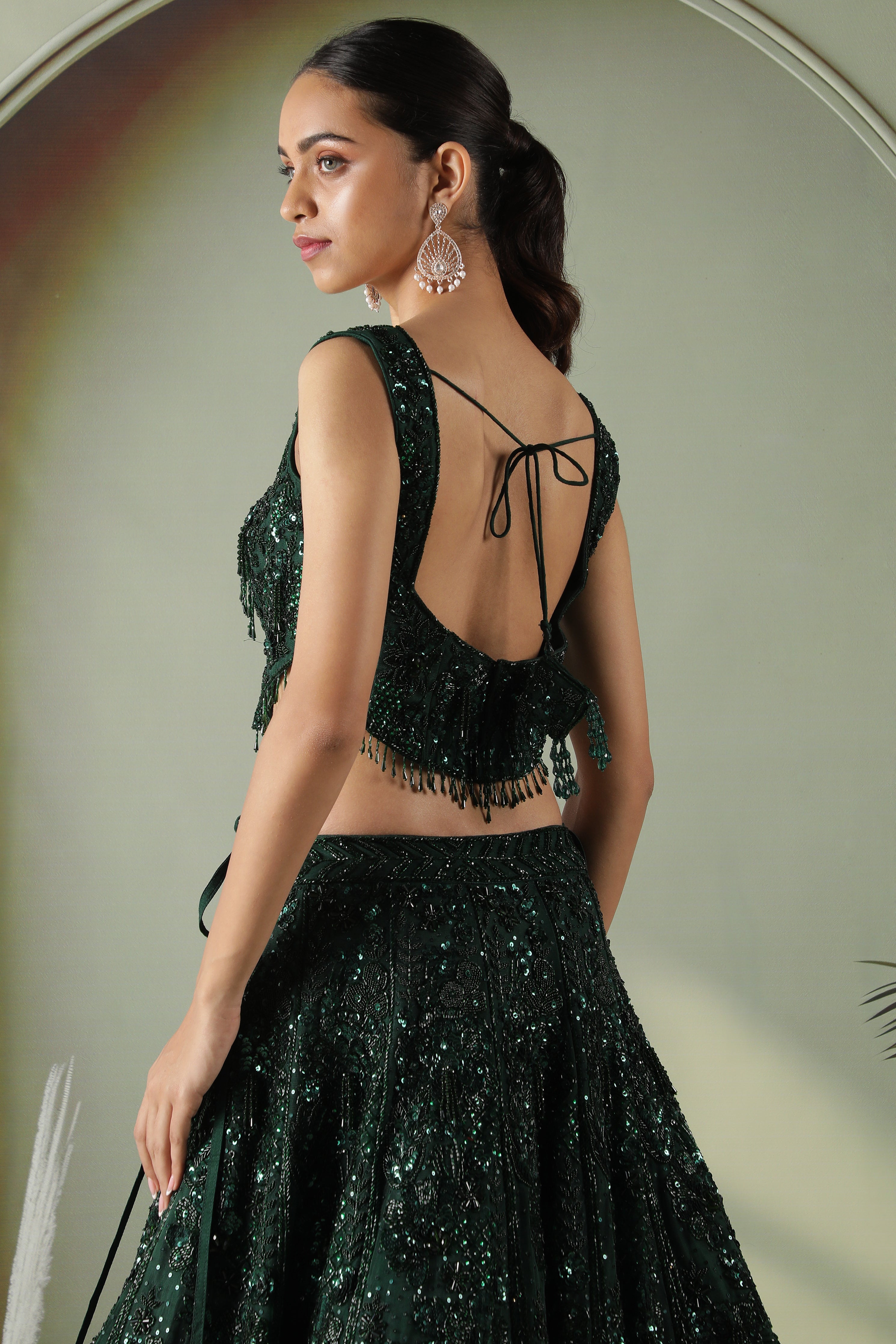 Bottle Green Net Lehenga Set with Sequin & Pearl Embroidery