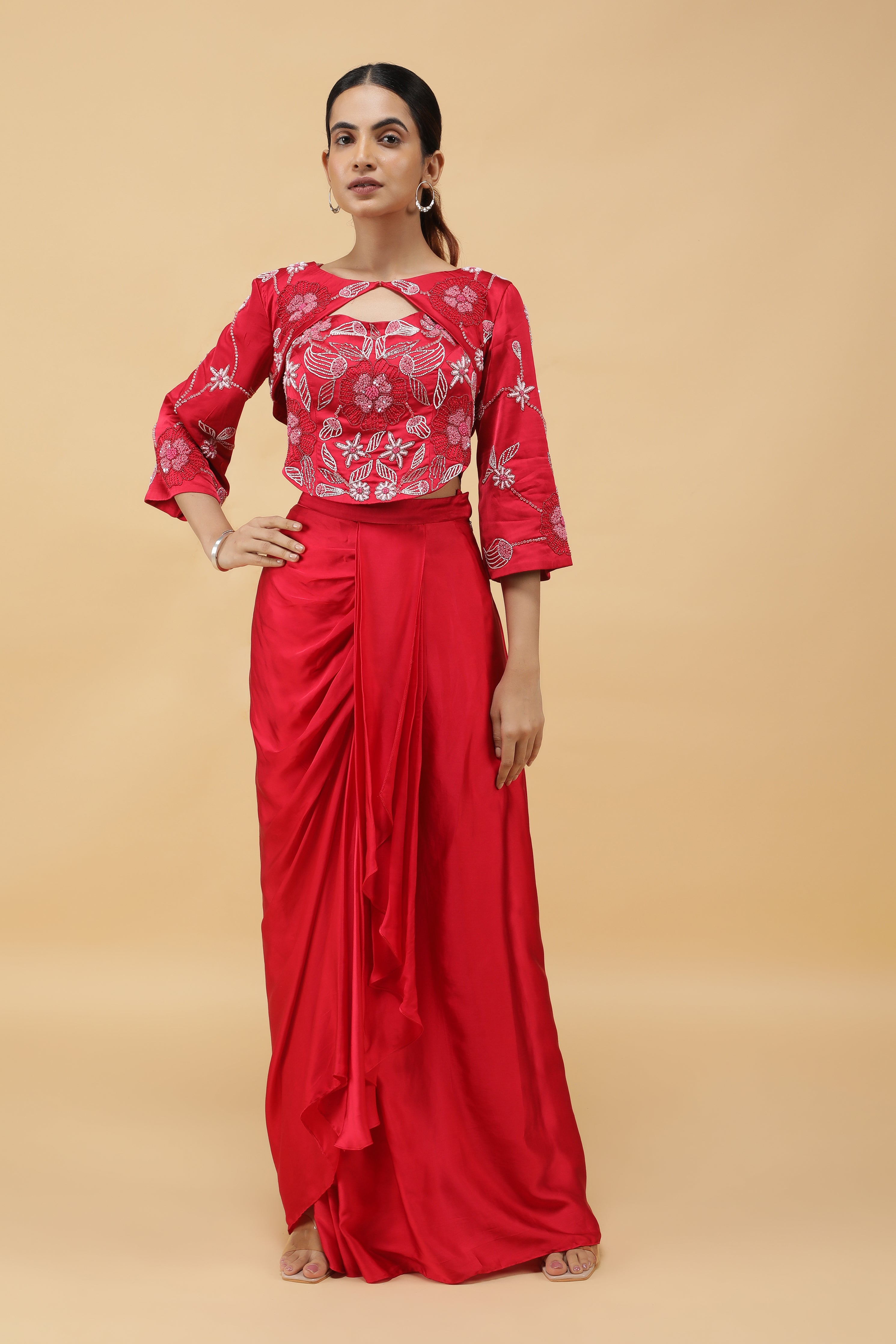 Red Satin Corset Top with Embroidered Jacket and Draped Skirt