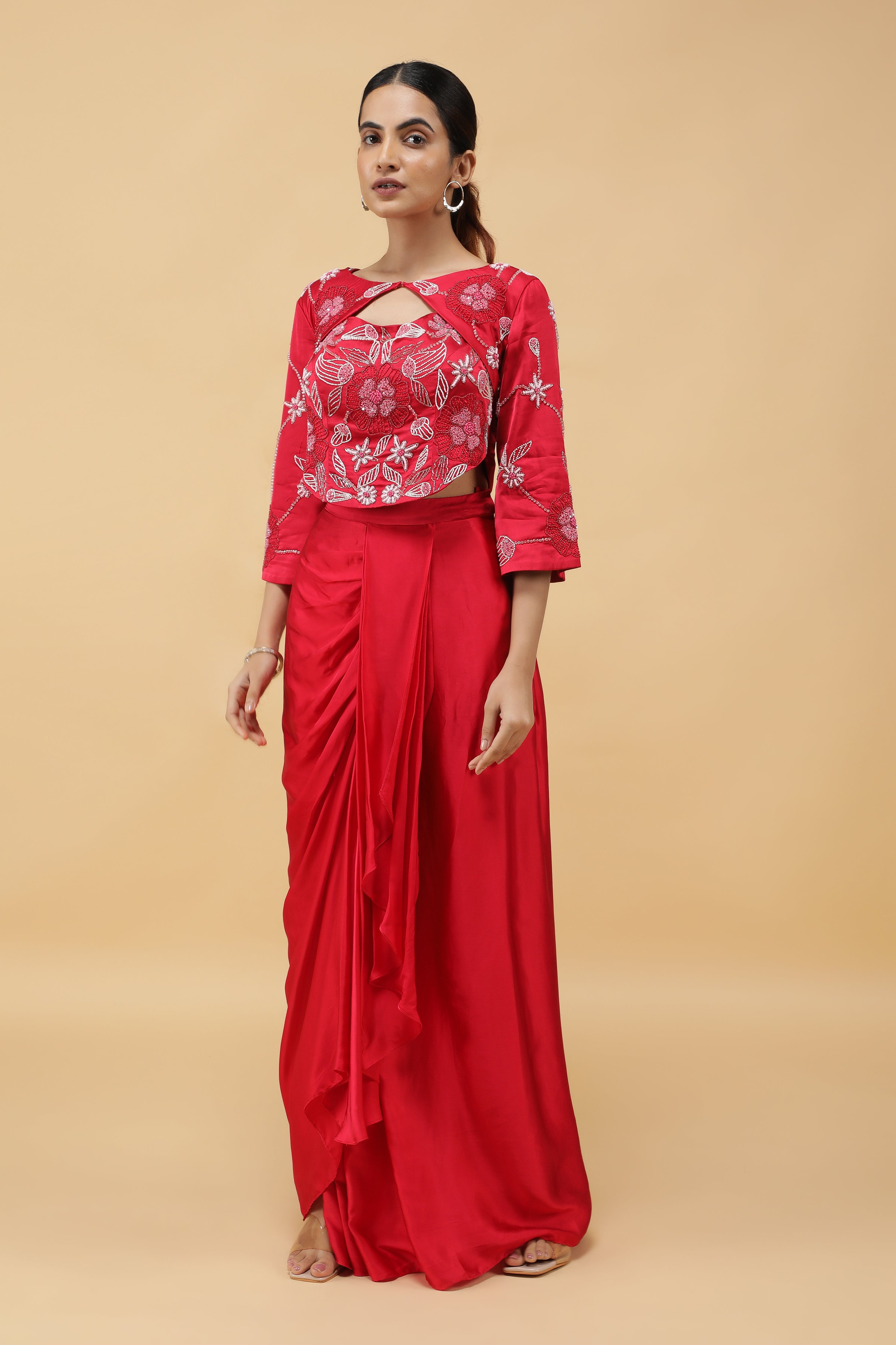 Red Satin Corset Top with Embroidered Jacket and Draped Skirt