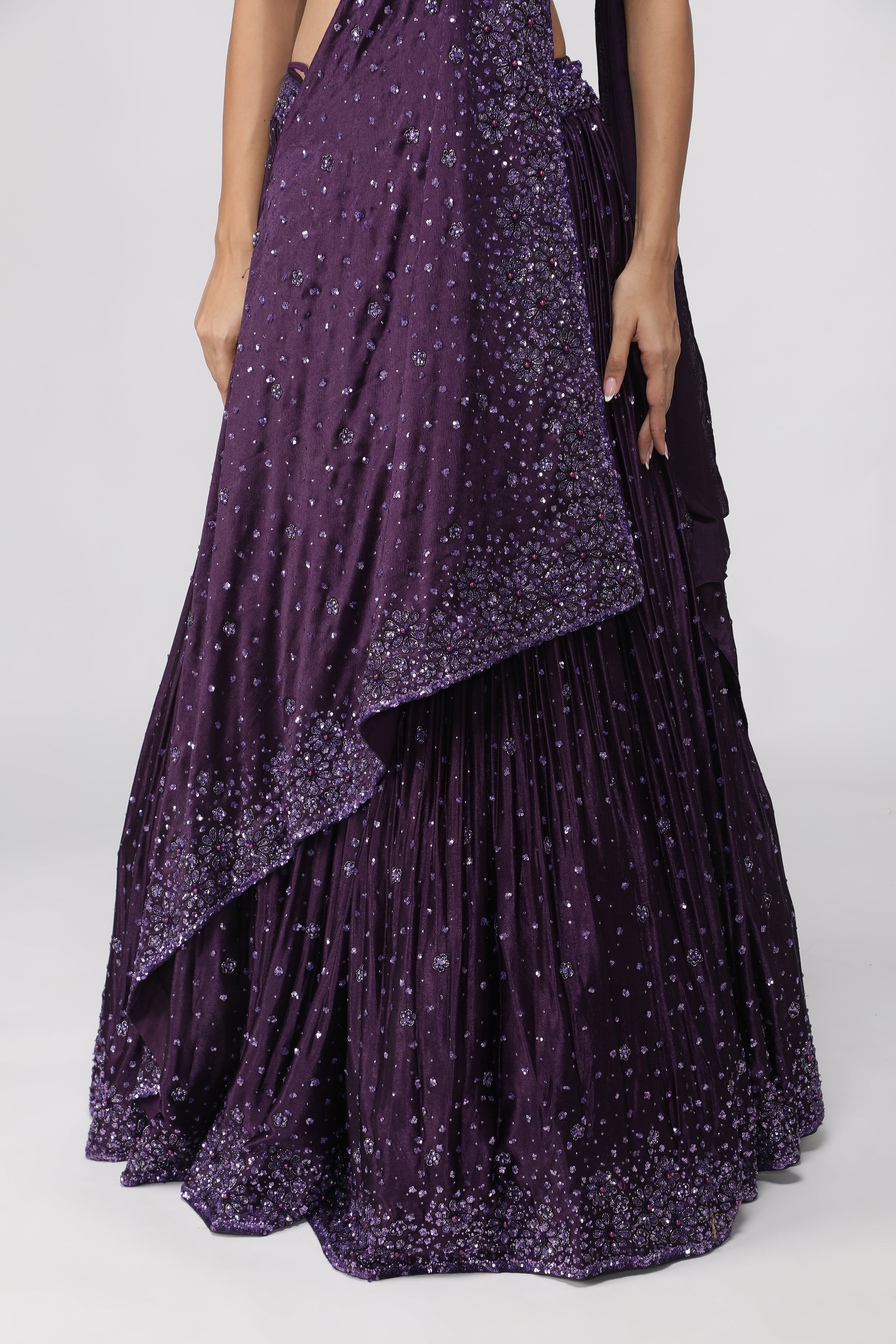 Wine Silk Drape Lehenga Set