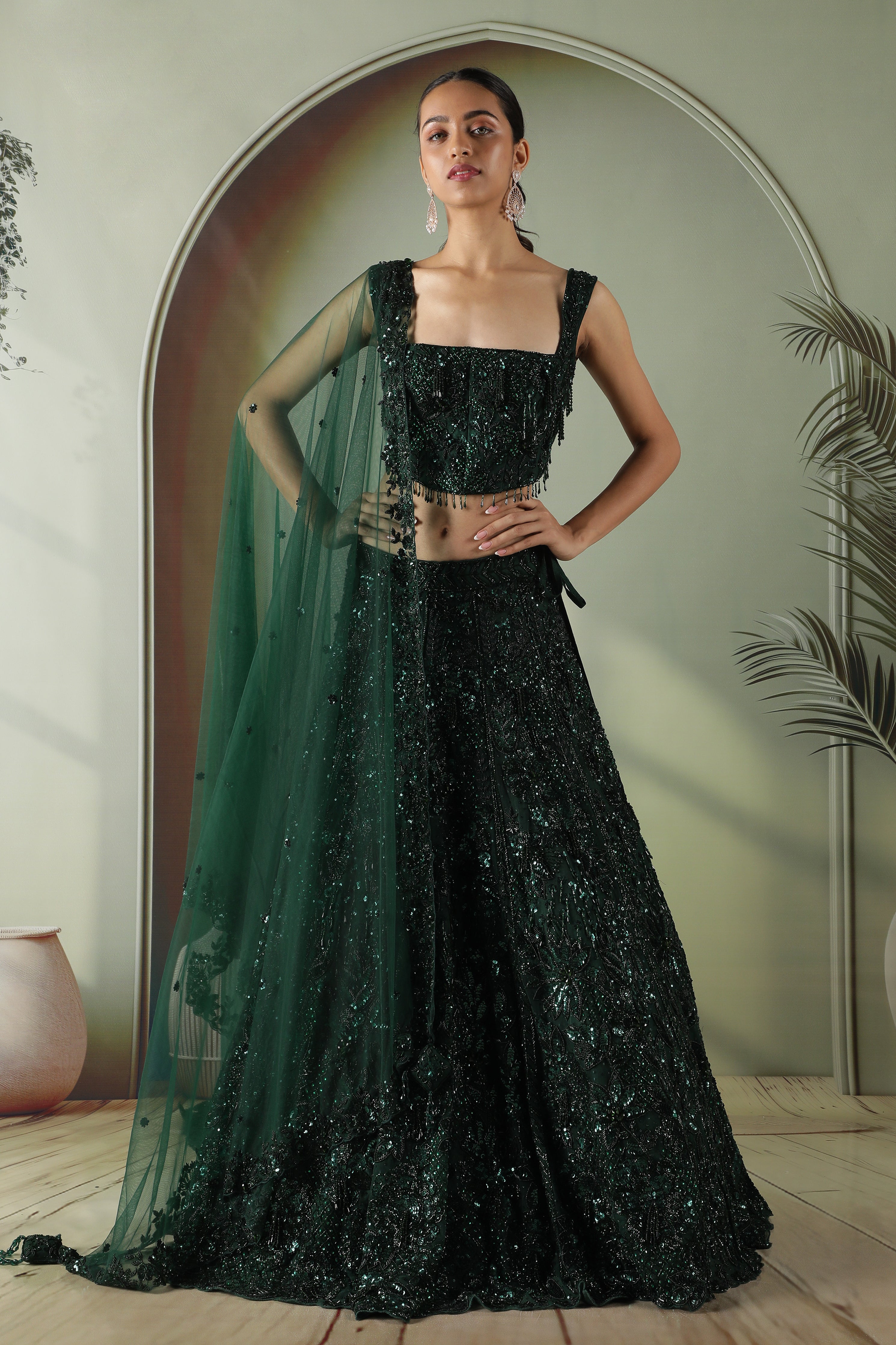 Bottle Green Net Lehenga Set with Sequin & Pearl Embroidery