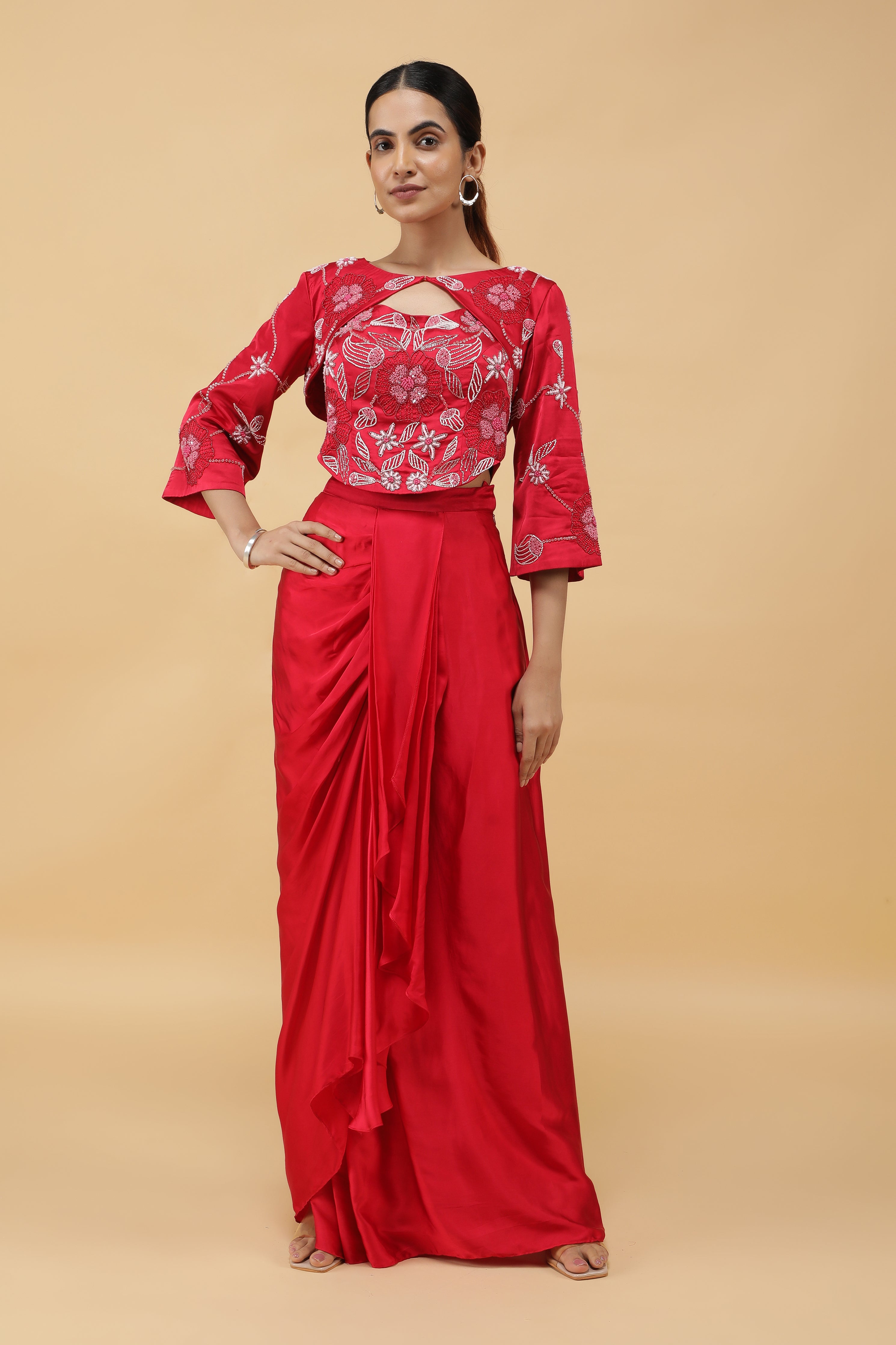 Red Satin Corset Top with Embroidered Jacket and Draped Skirt