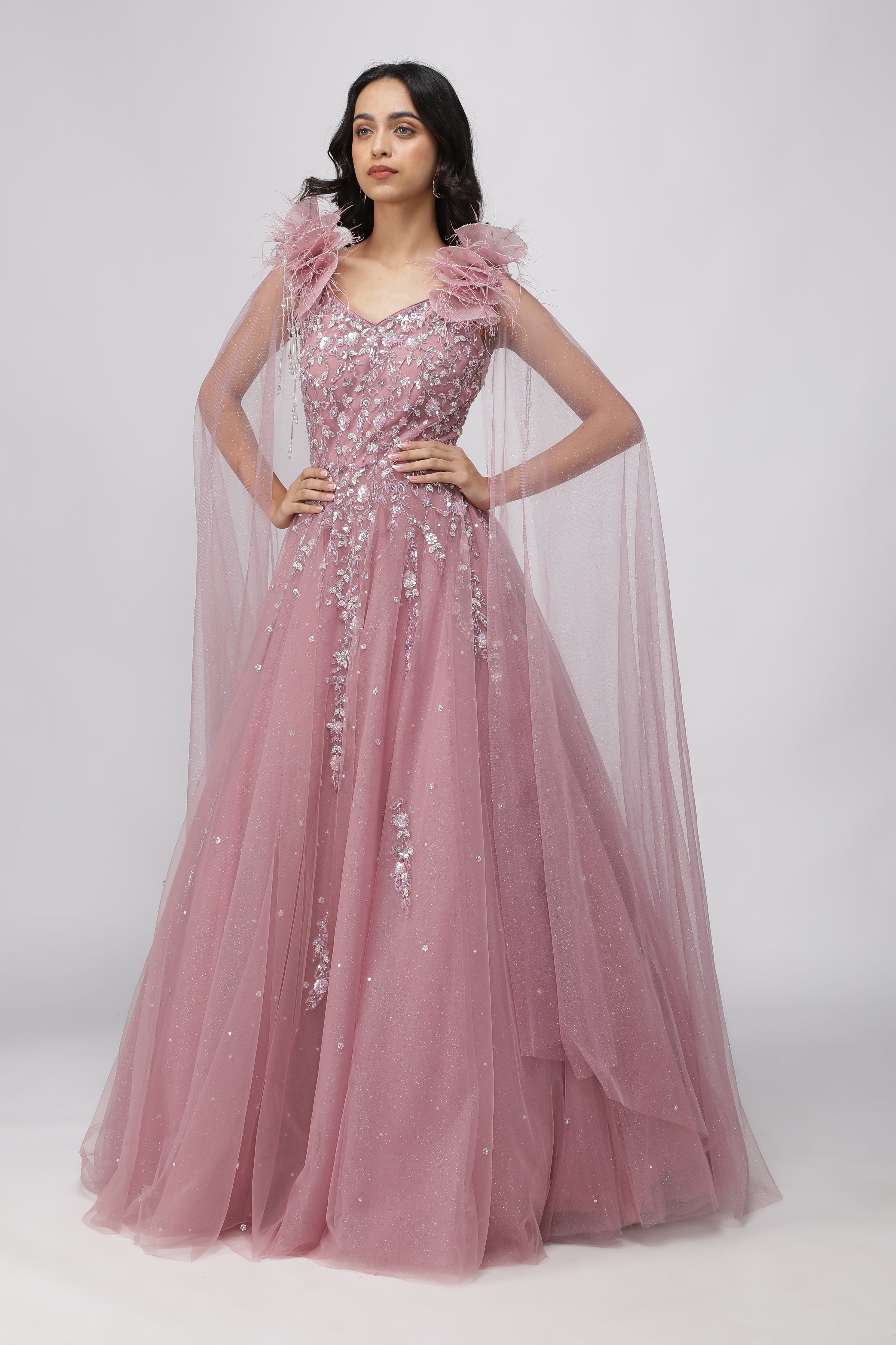 Dusty Lavender Net Gown with Pearl and Sequin Embellishments