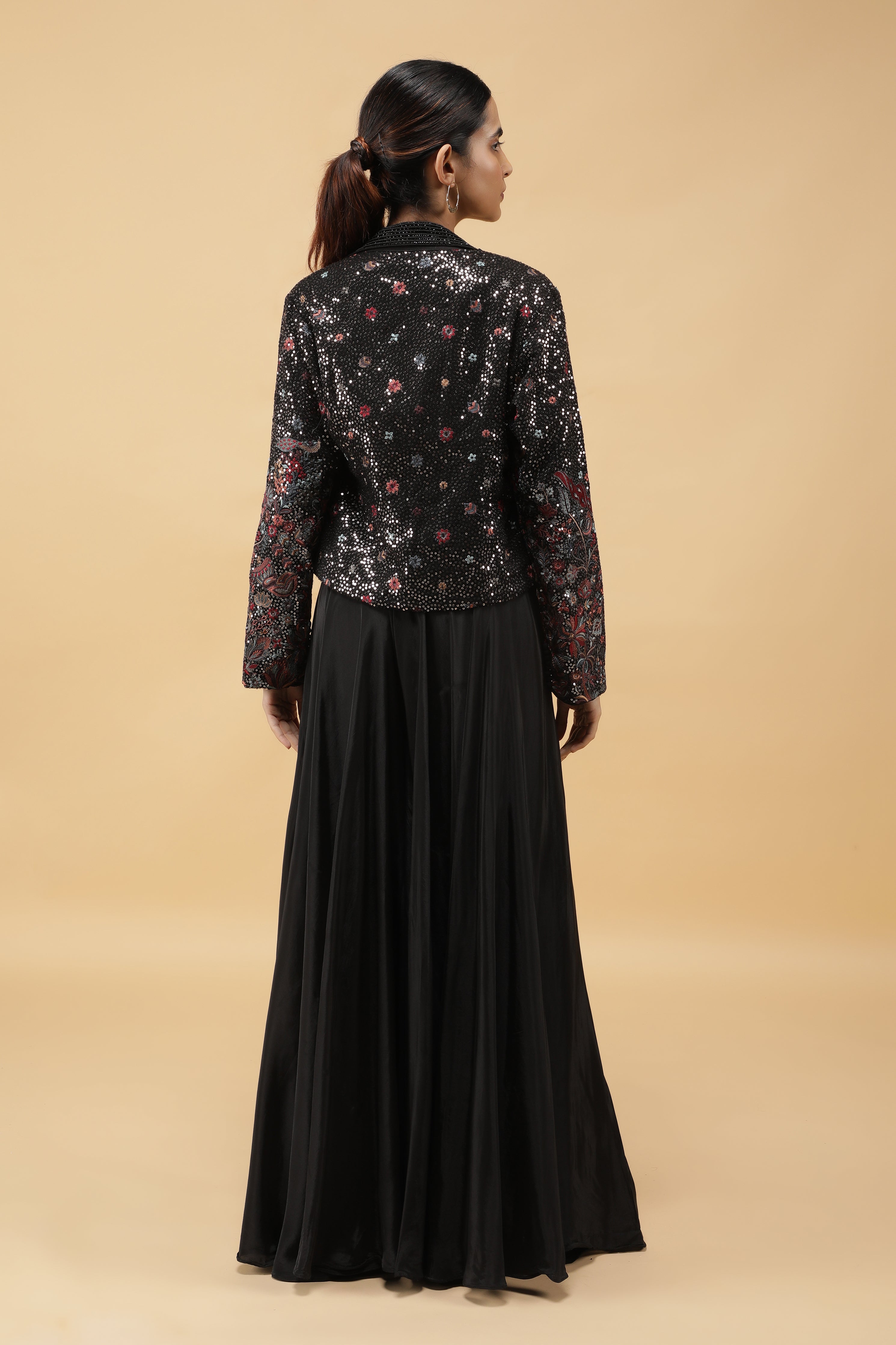 Black Crepe Crop Top and Embroidered Jacket with Palazzo