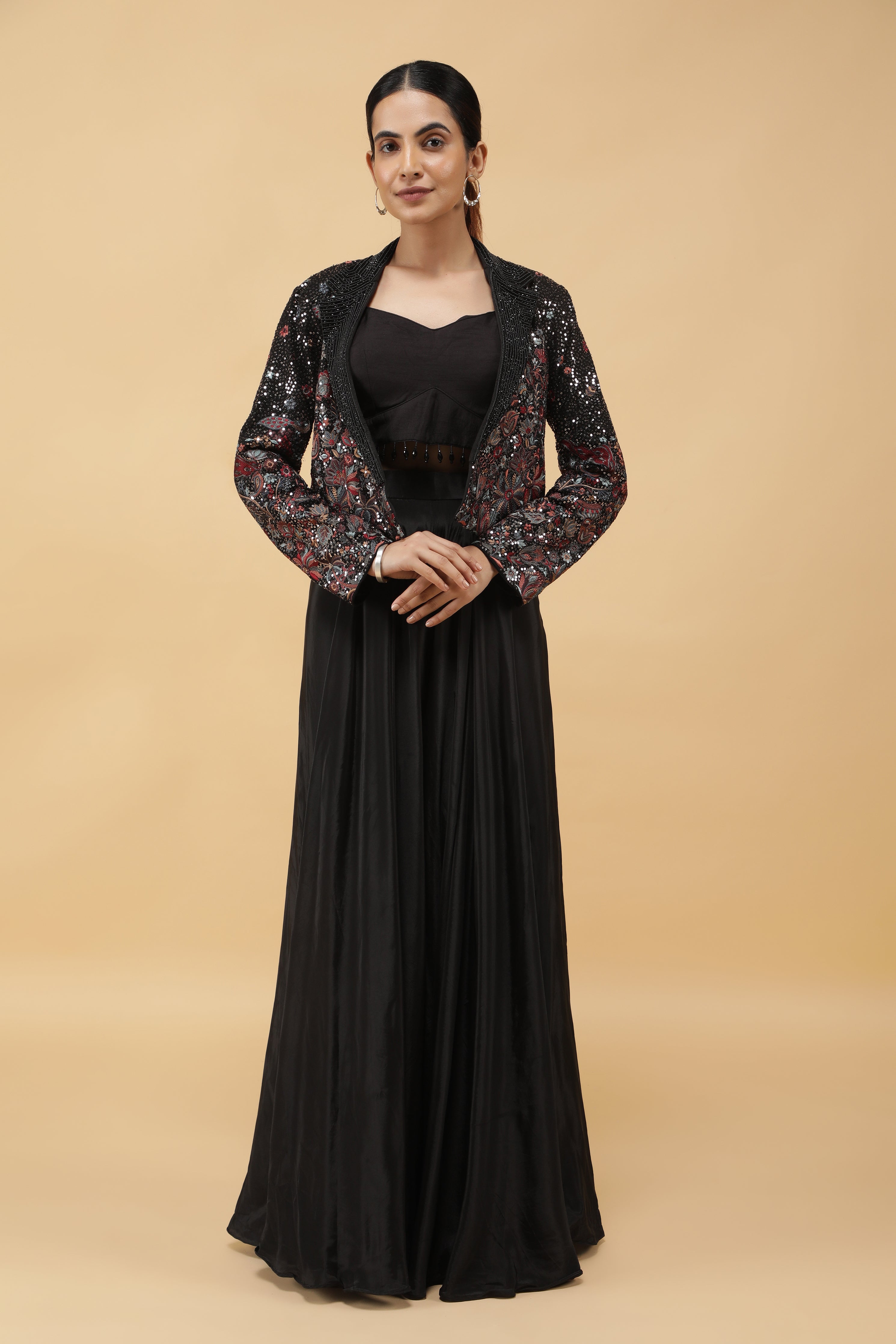 Black Crepe Crop Top and Embroidered Jacket with Palazzo