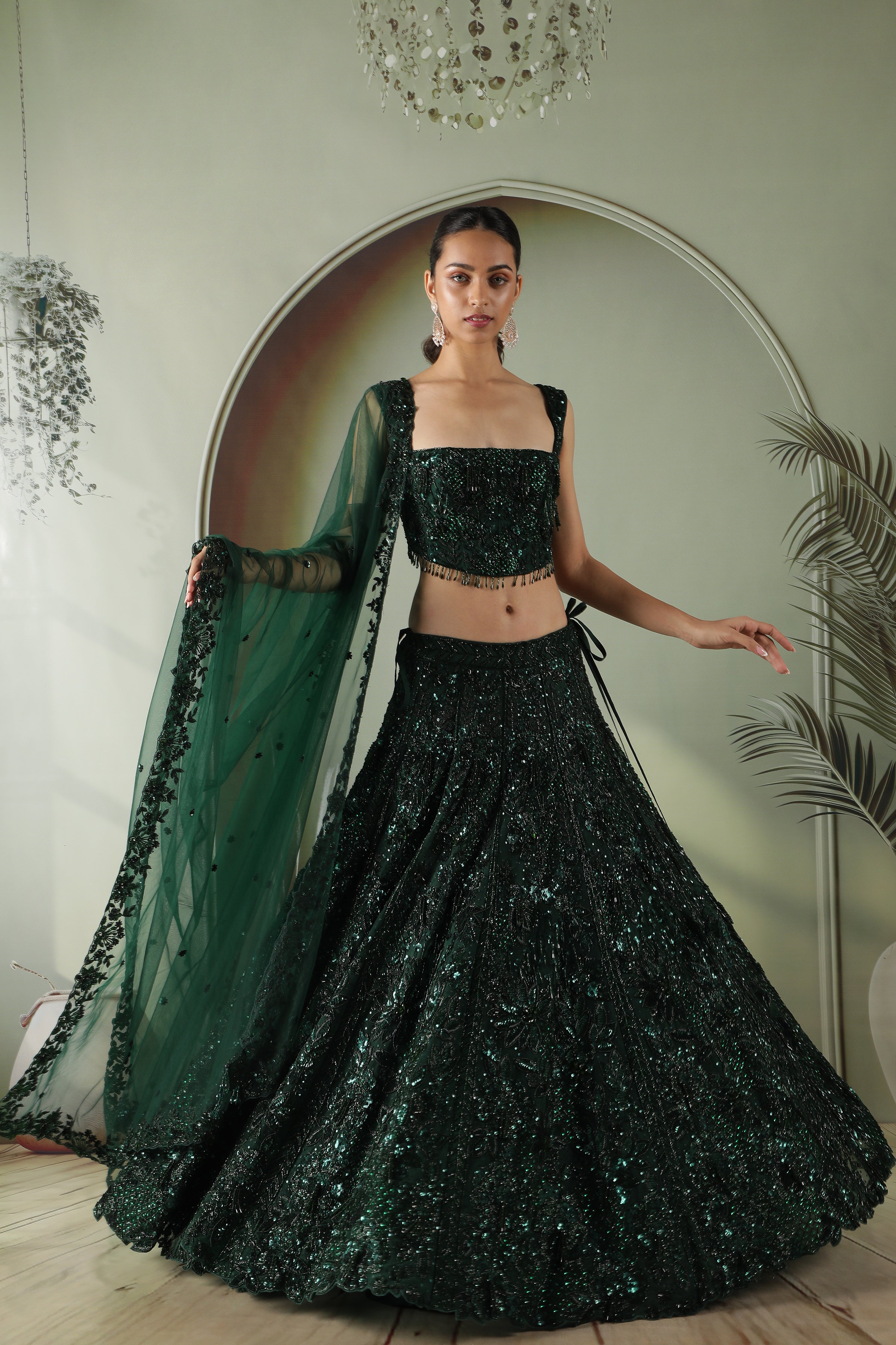 Bottle Green Net Lehenga Set with Sequin & Pearl Embroidery