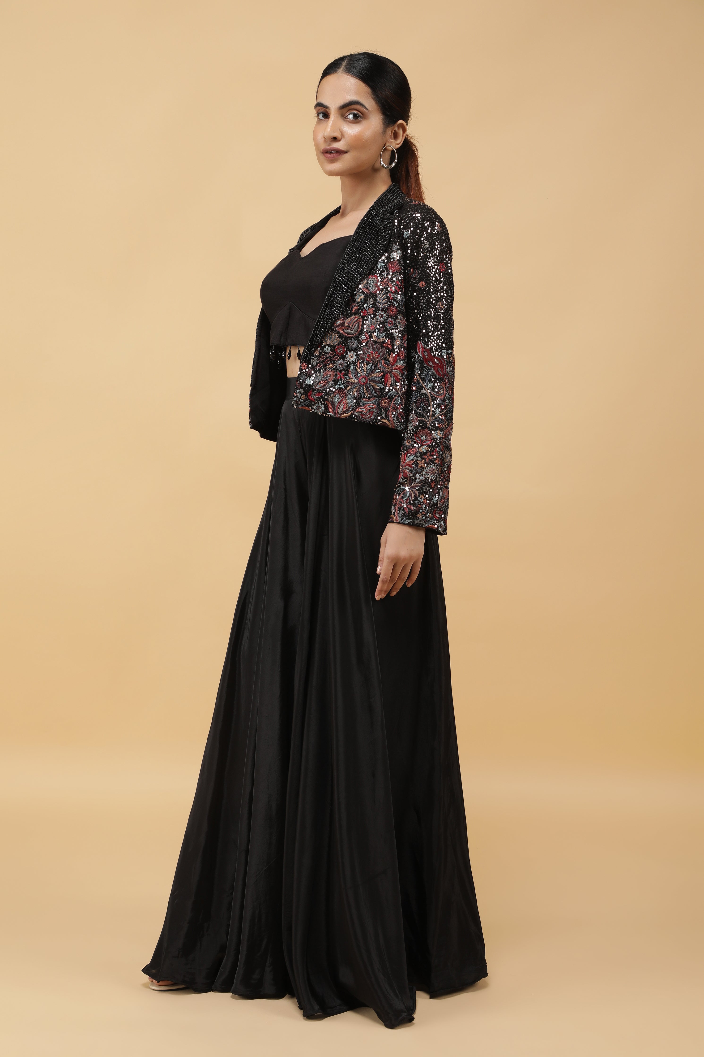 Black Crepe Crop Top and Embroidered Jacket with Palazzo