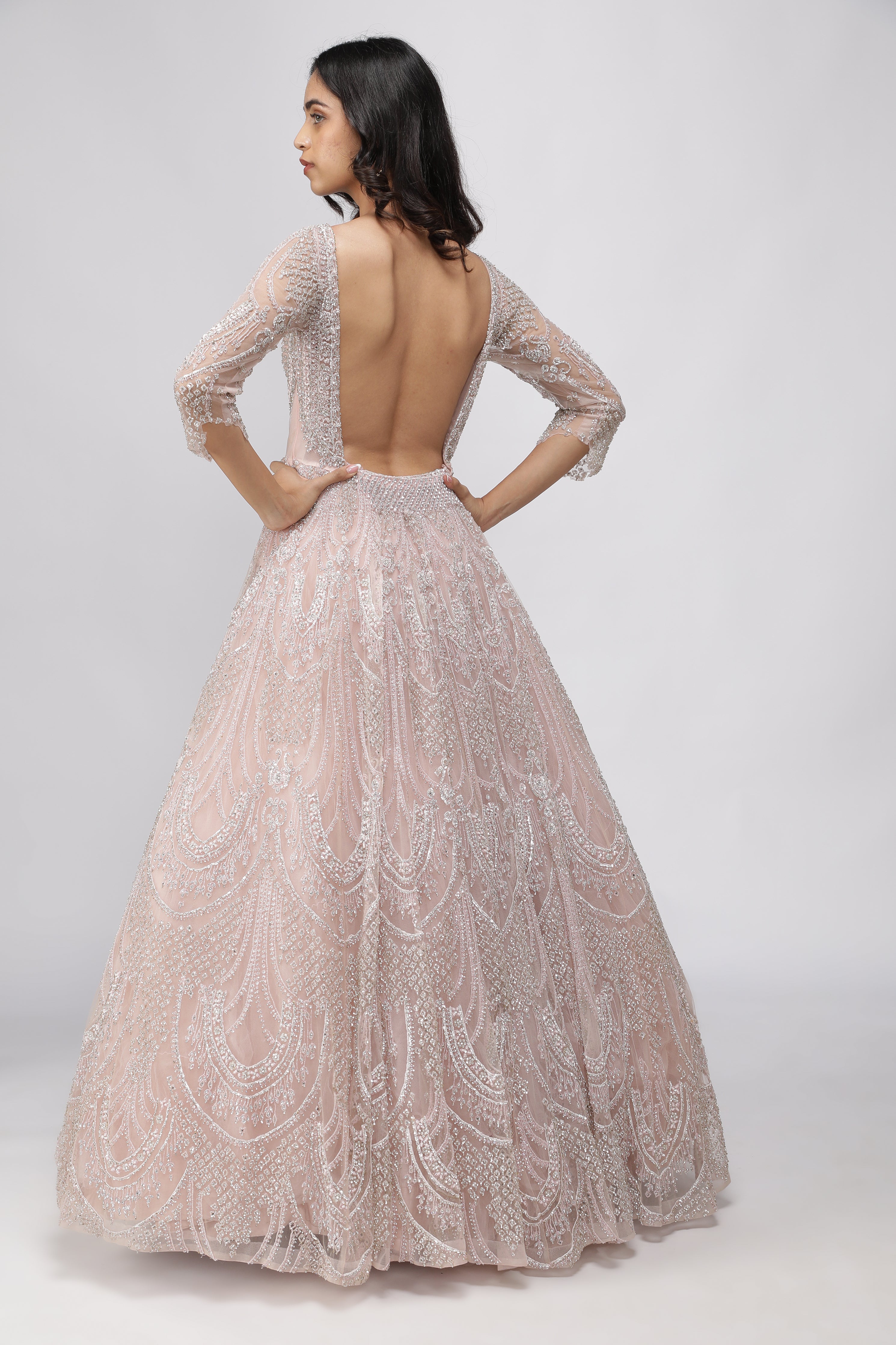 Blush Pink Net Gown with Stone, Cutdana & Sequin Embroidery