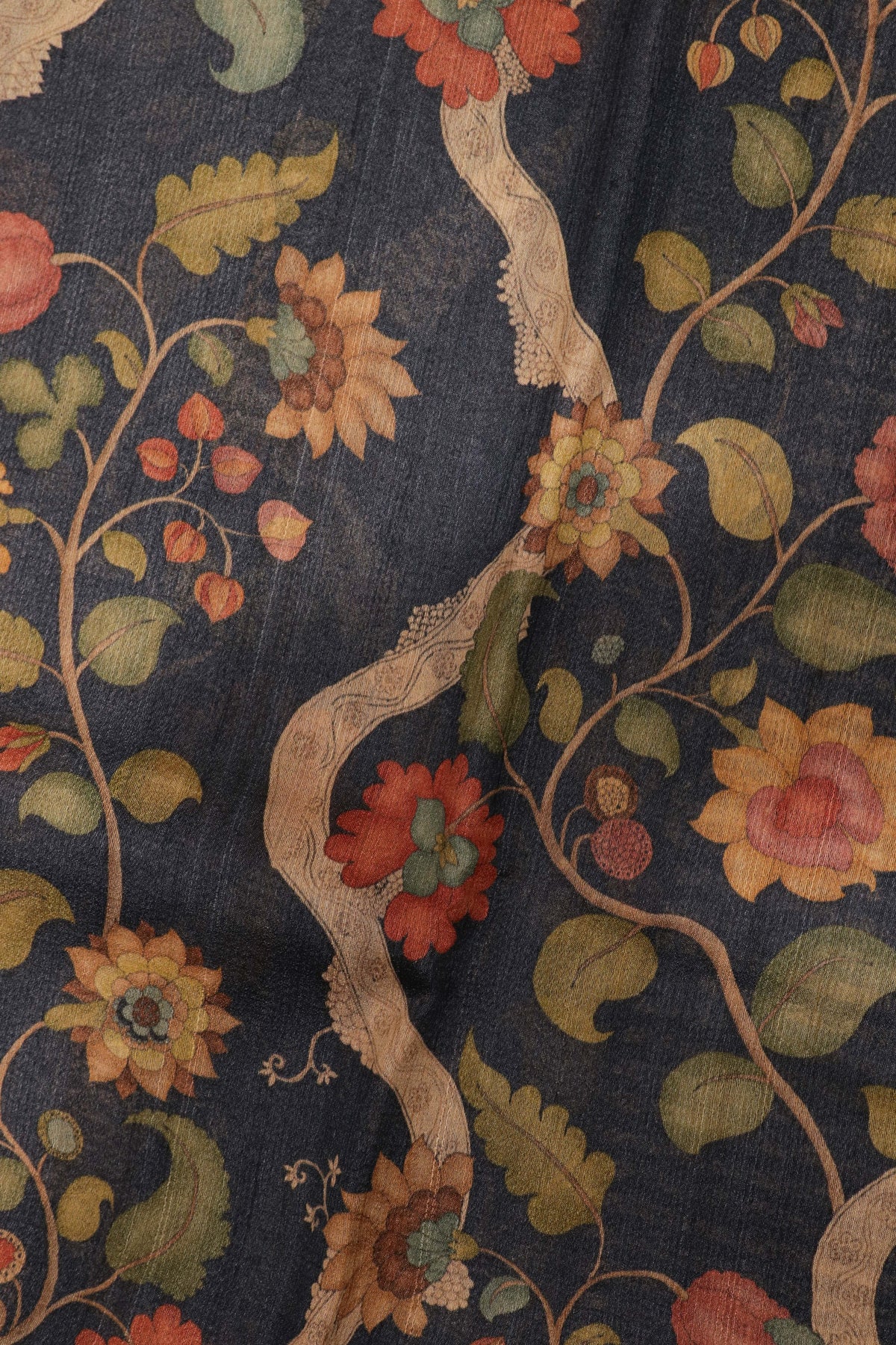 Dark Blue Kalamkari Tussar Silk Saree