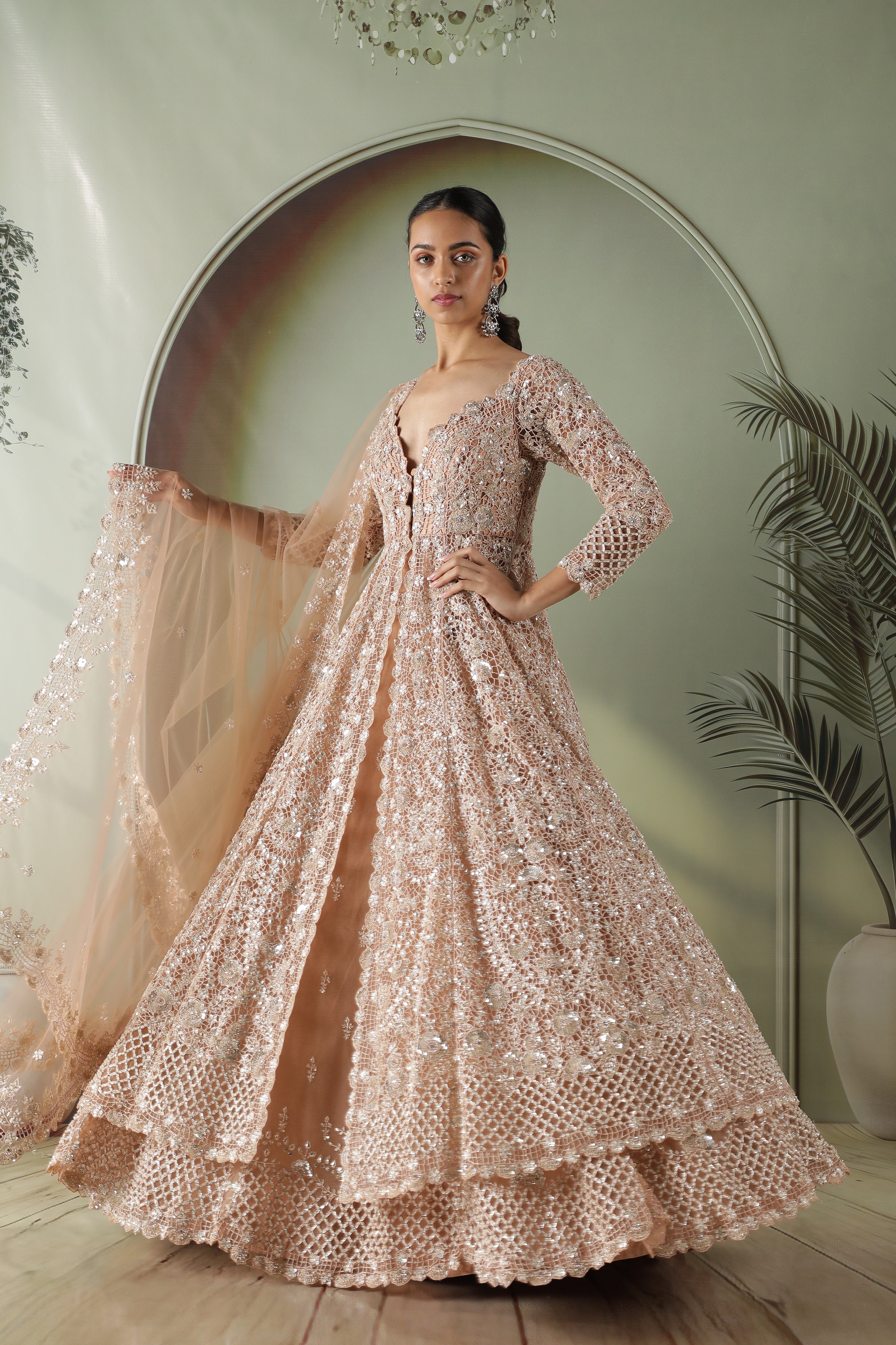 Dusty Peach Net Jacket Lehenga set