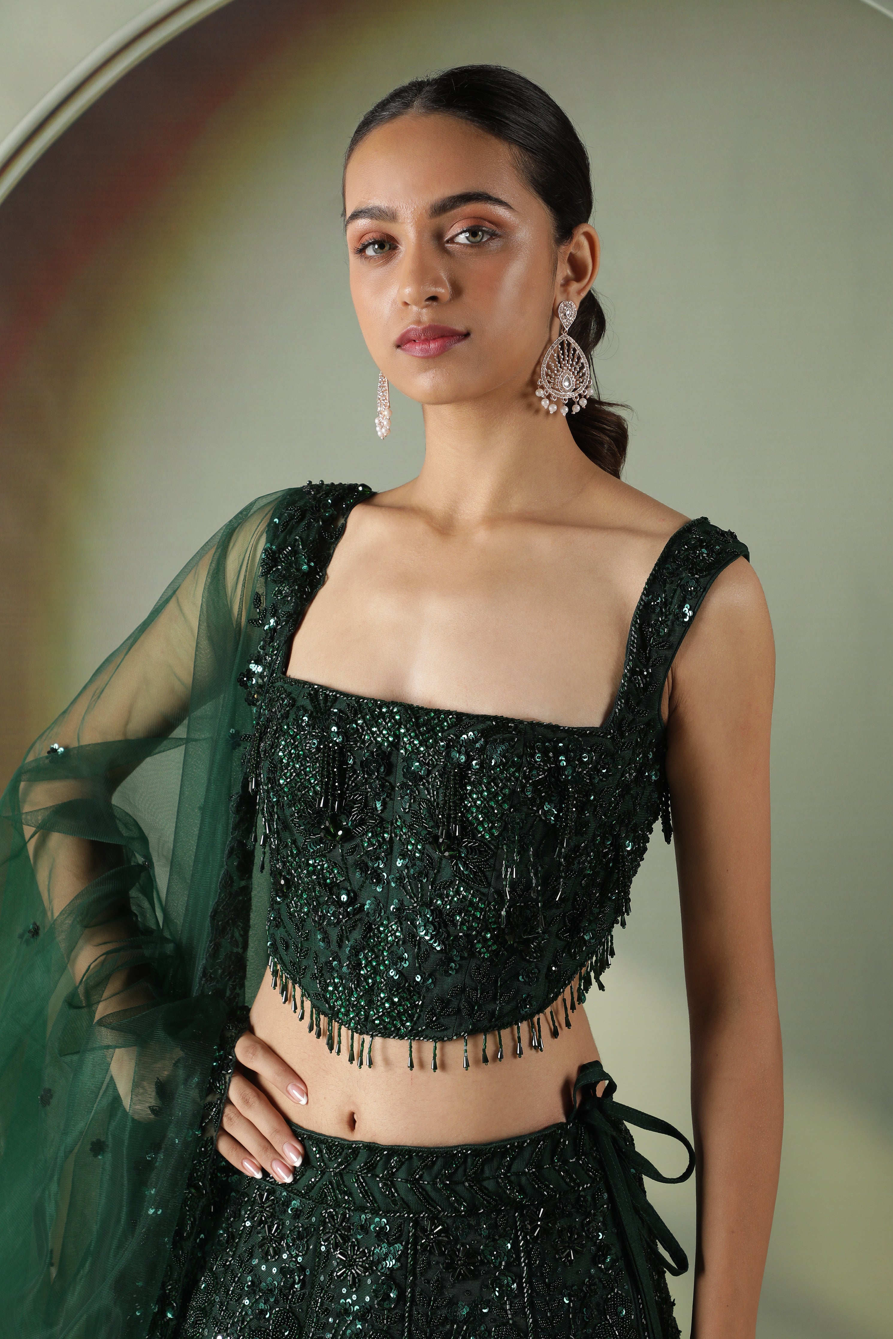 Bottle Green Net Lehenga Set with Sequin & Pearl Embroidery