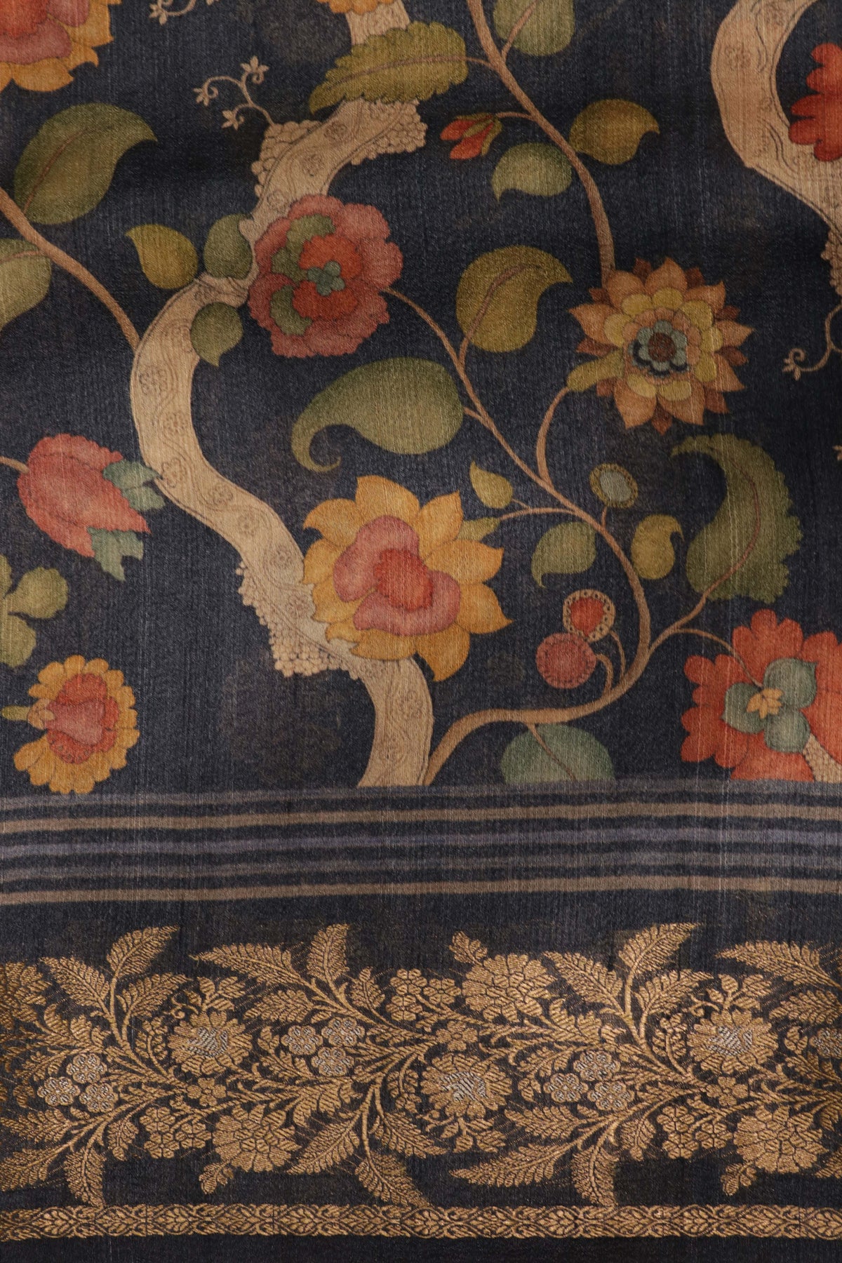 Dark Blue Kalamkari Tussar Silk Saree