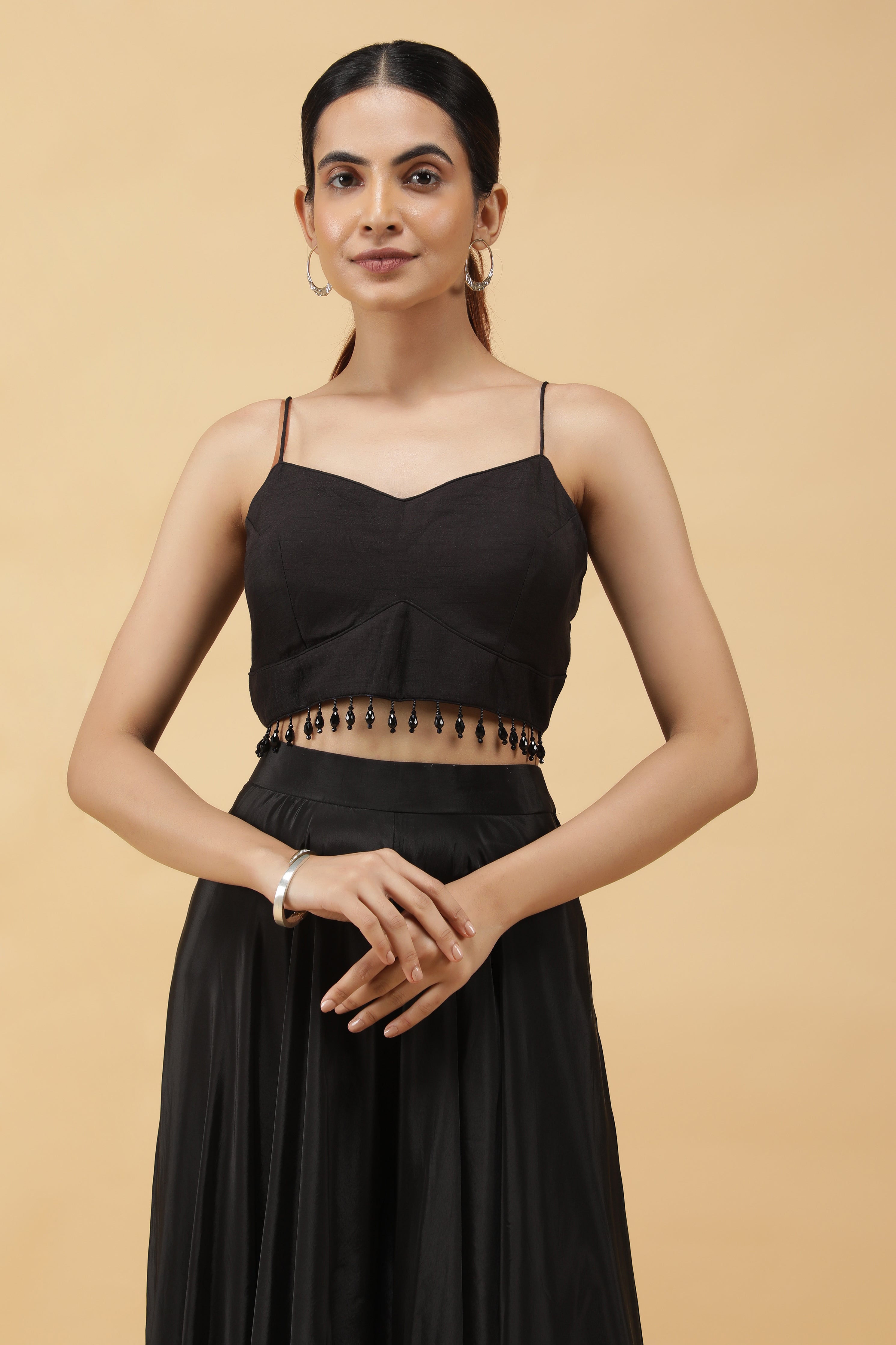 Black Crepe Crop Top and Embroidered Jacket with Palazzo