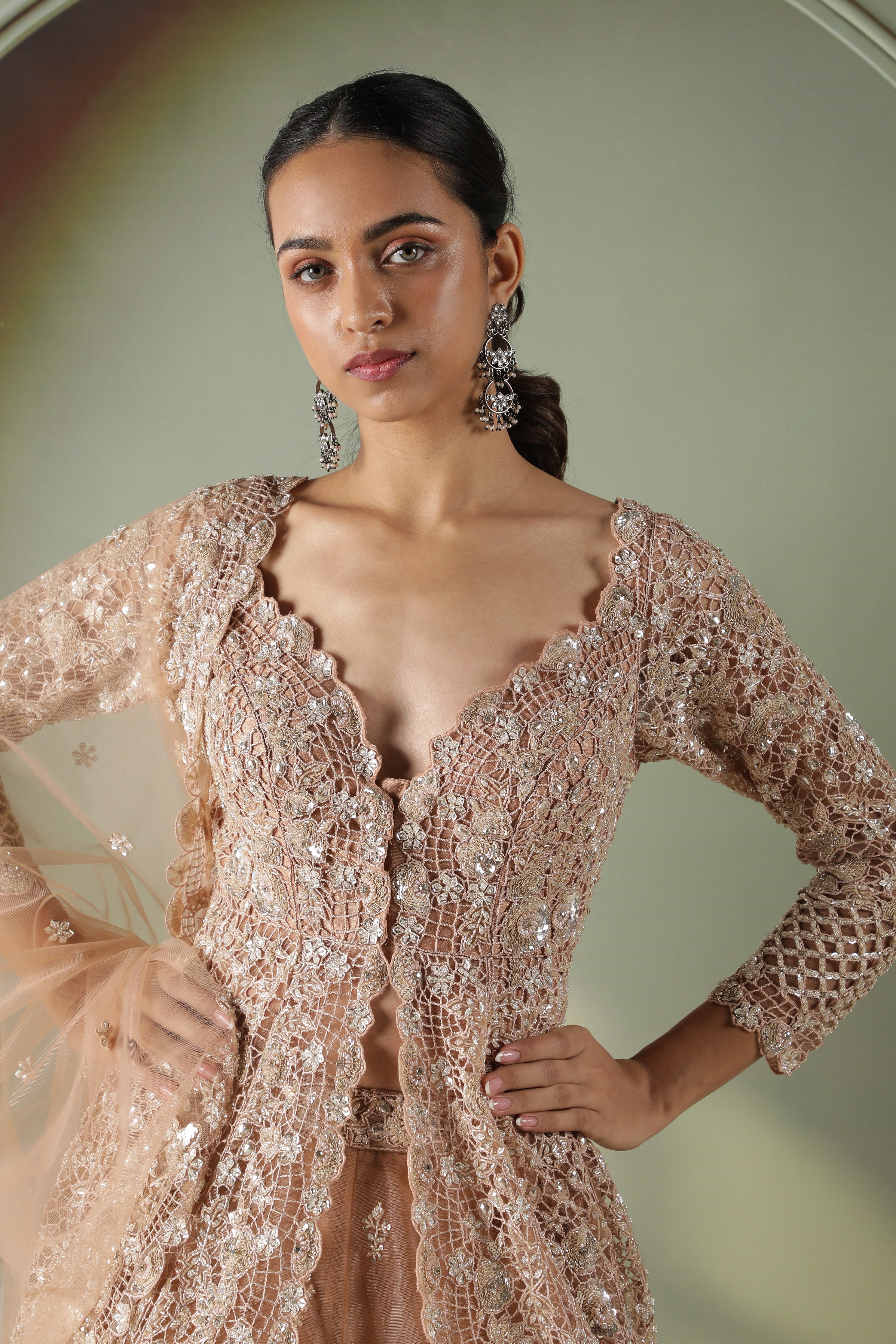 Dusty Peach Net Jacket Lehenga set