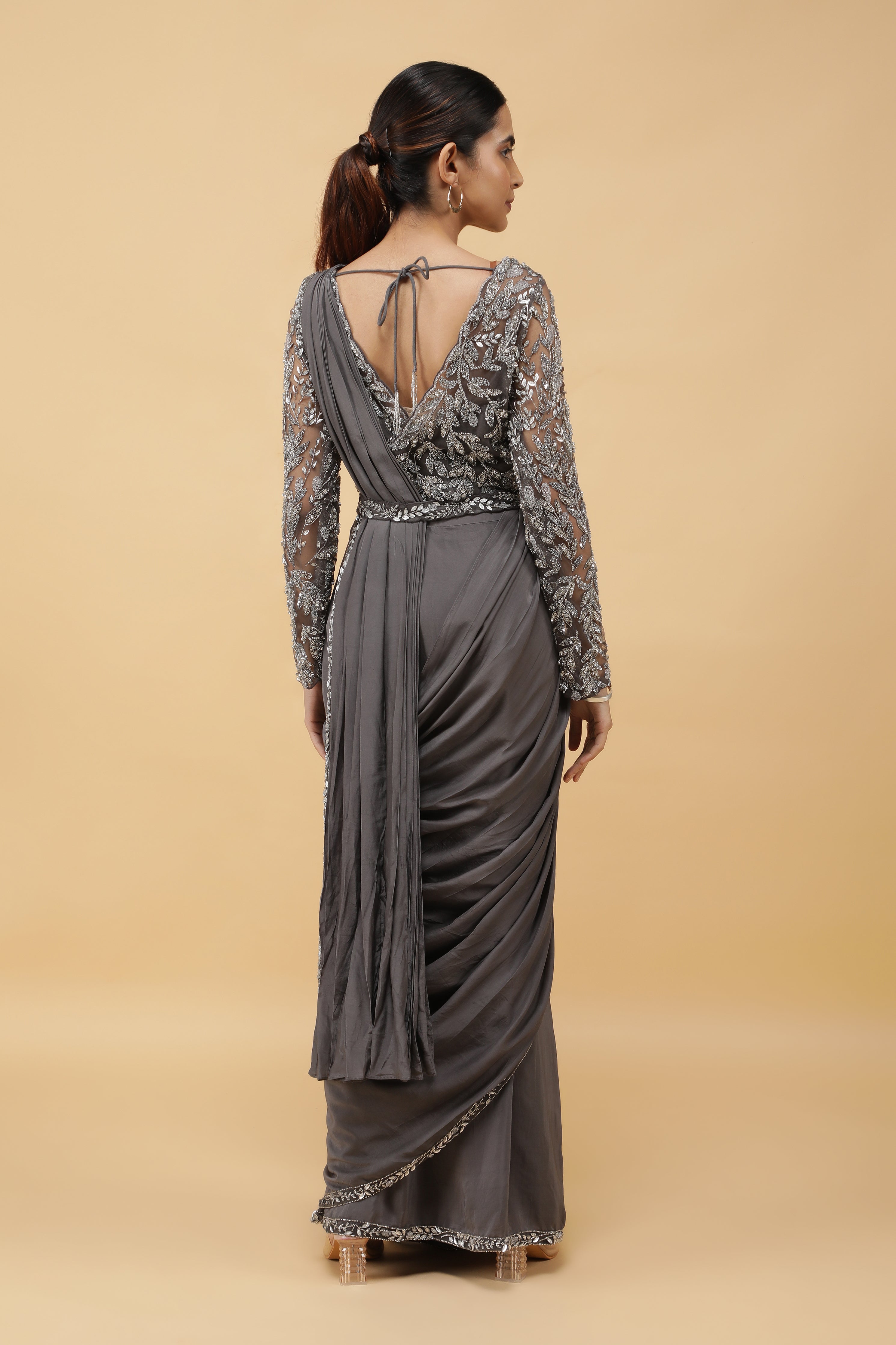 Charcoal Embroidered Drape Saree