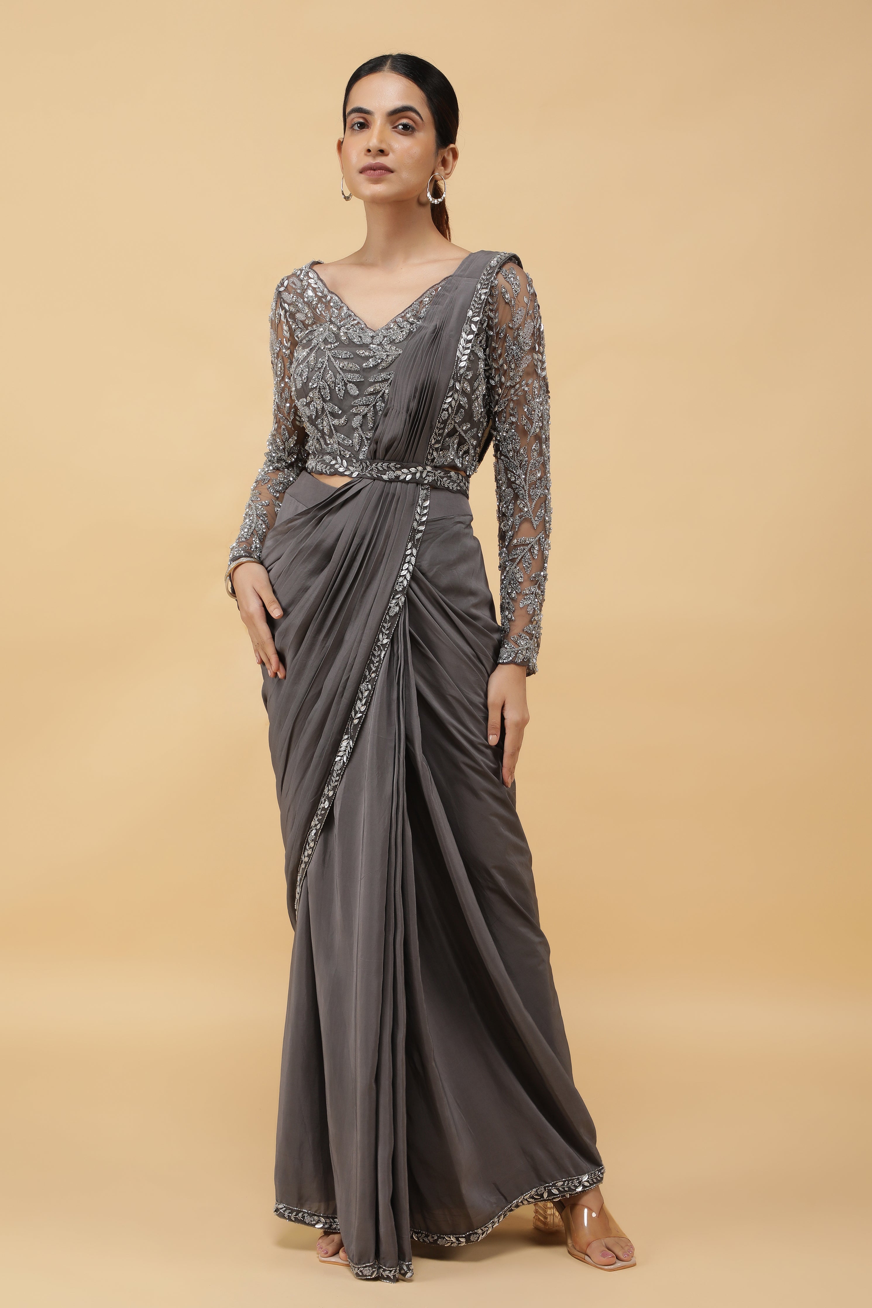 Charcoal Embroidered Drape Saree