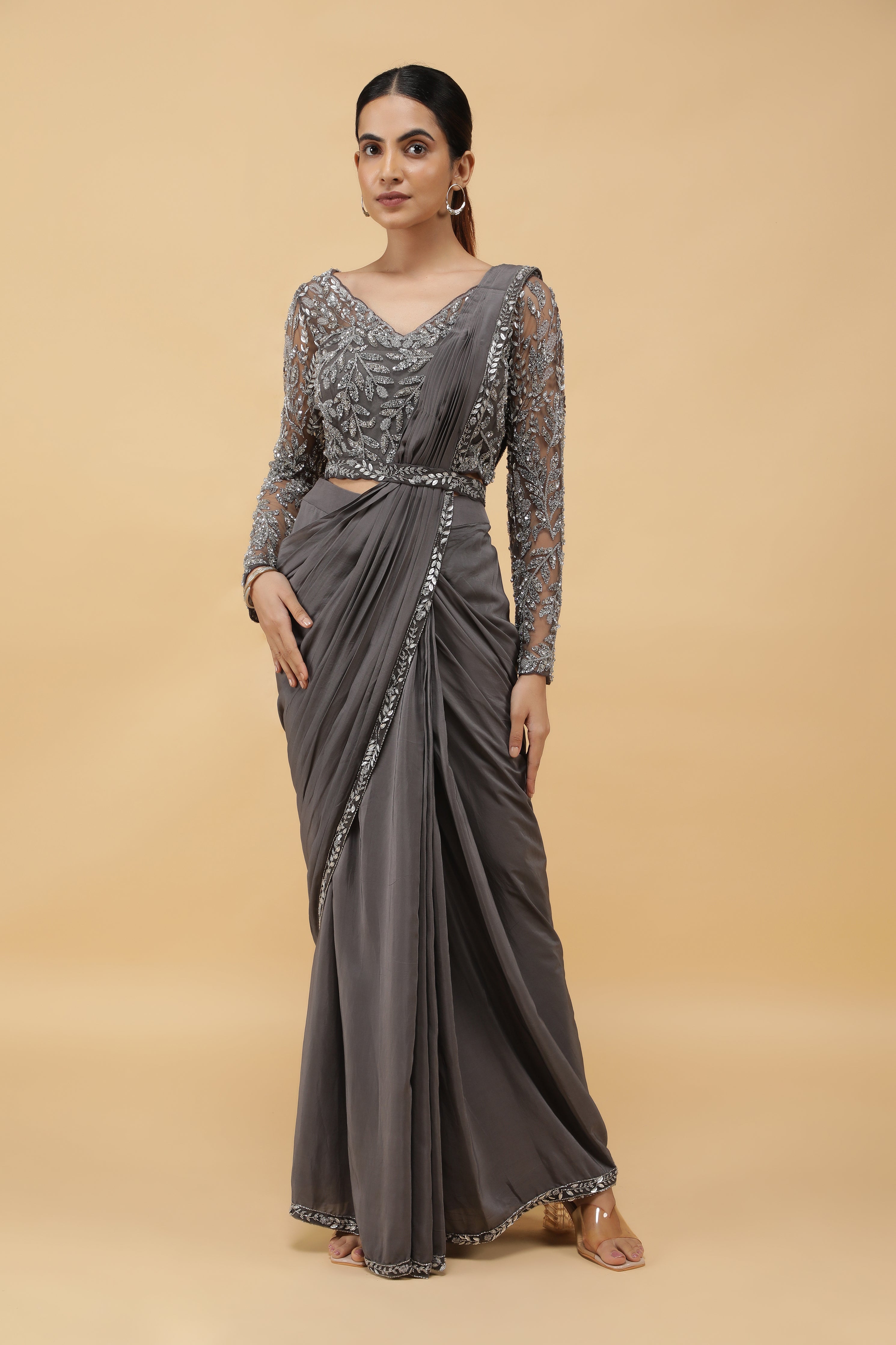 Charcoal Embroidered Drape Saree