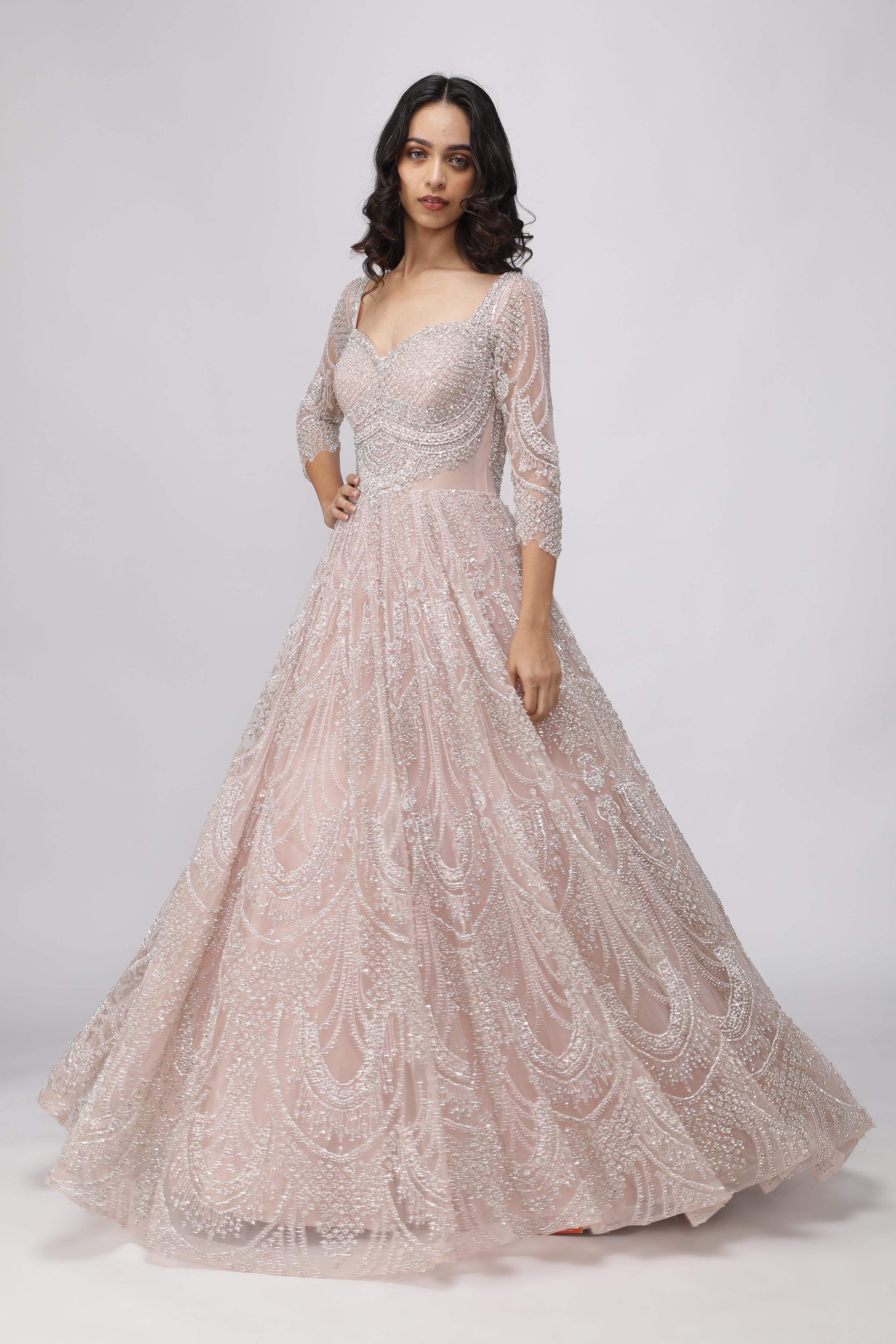 Blush Pink Net Gown with Stone, Cutdana & Sequin Embroidery