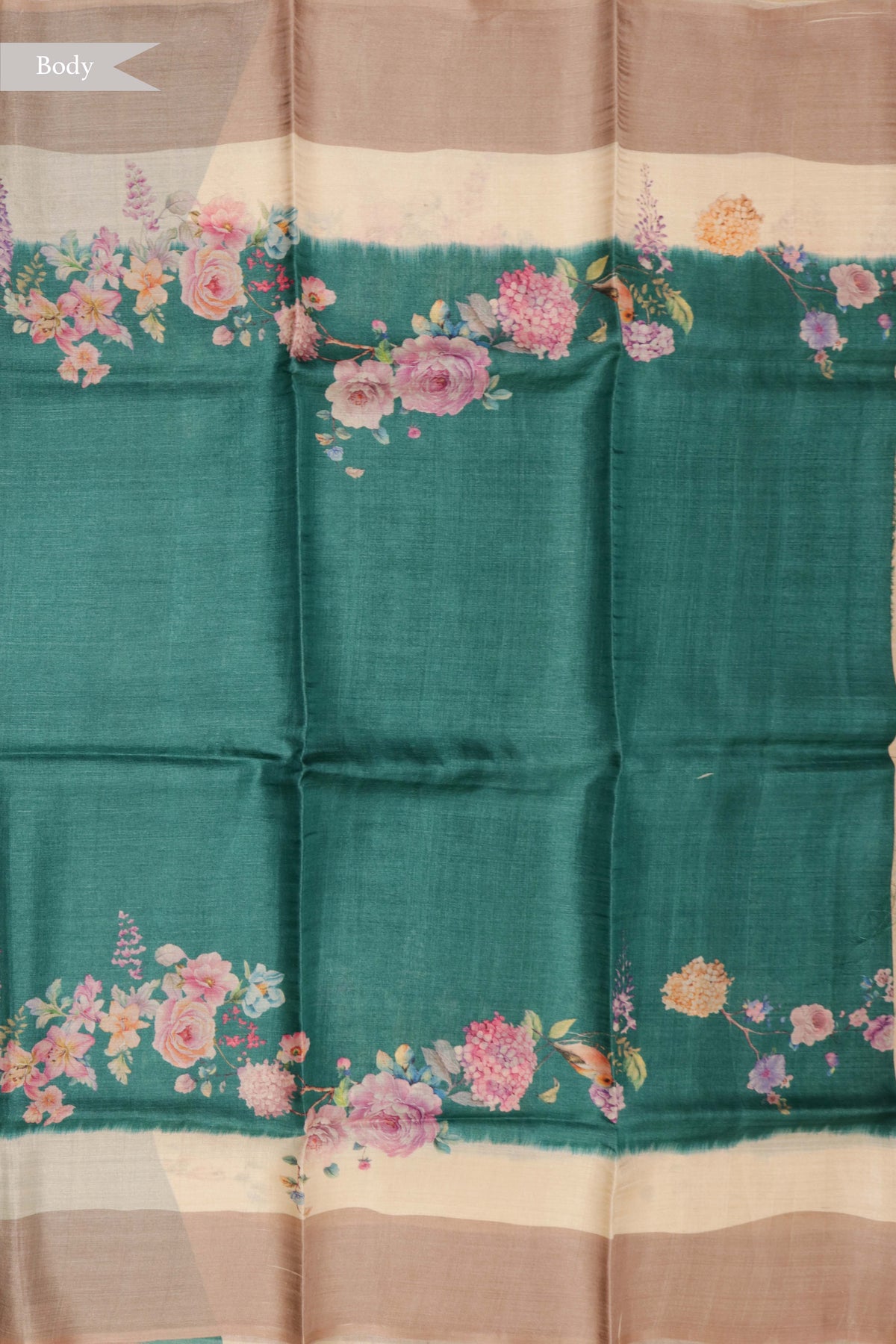 Peacock Green Floral Tussar Silk Saree